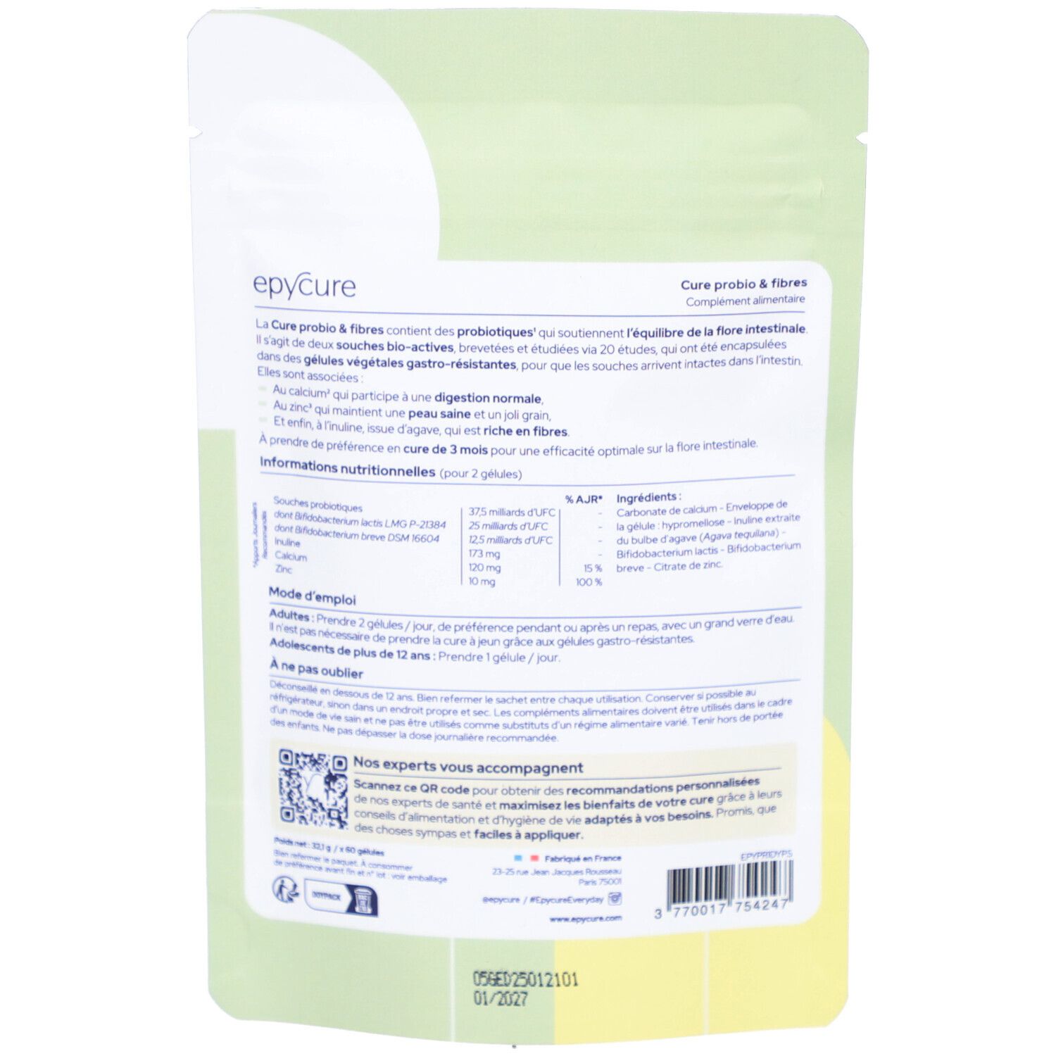 Dos du sachet de gélules Epycure Probio & Fibres. Texte et informations nutritionnelles sur fond vert et blanc.