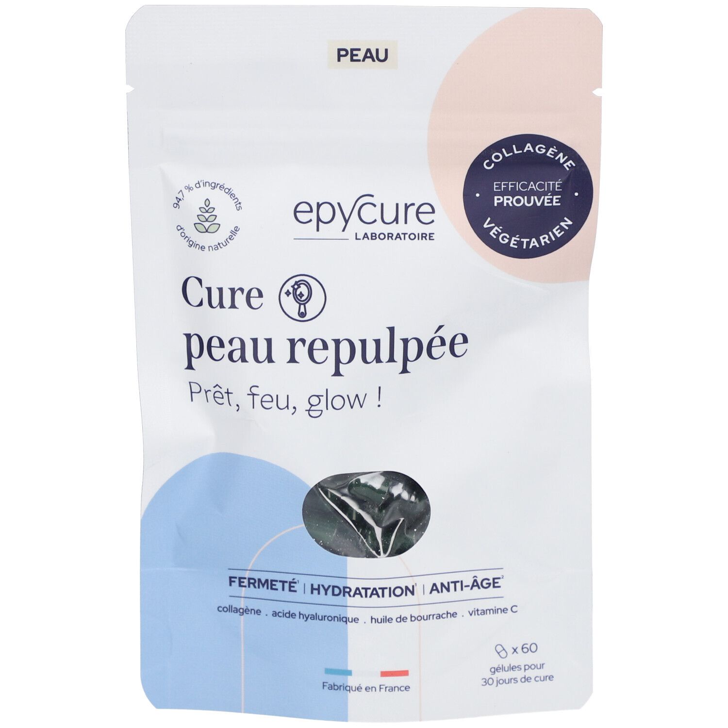 Sachet blanc Epycure. Inscription: Cure peau repulpée, Collagène, Végétarien. Contient 60 capsules.