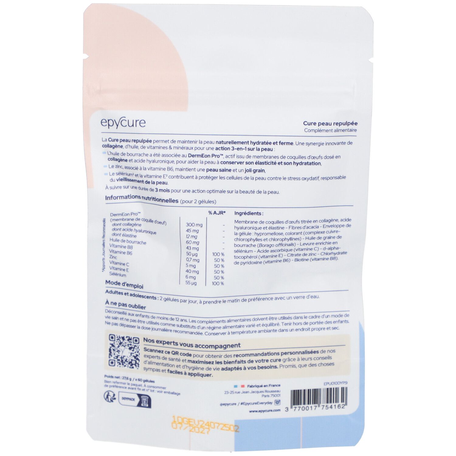 Dos du sachet Epycure. Texte, ingrédients, informations nutritionnelles et code QR.