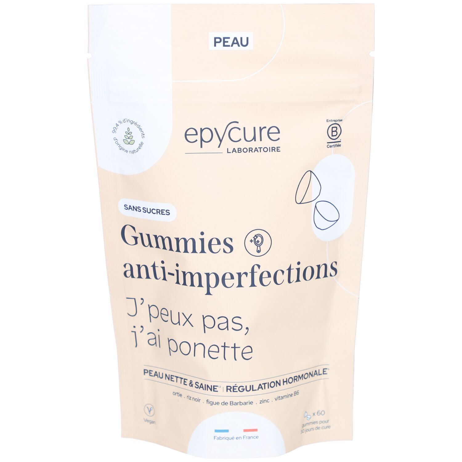 Sachet "Epycure Gummies anti-imperfections". Emballage beige, texte, logo et informations sur le contenu.
