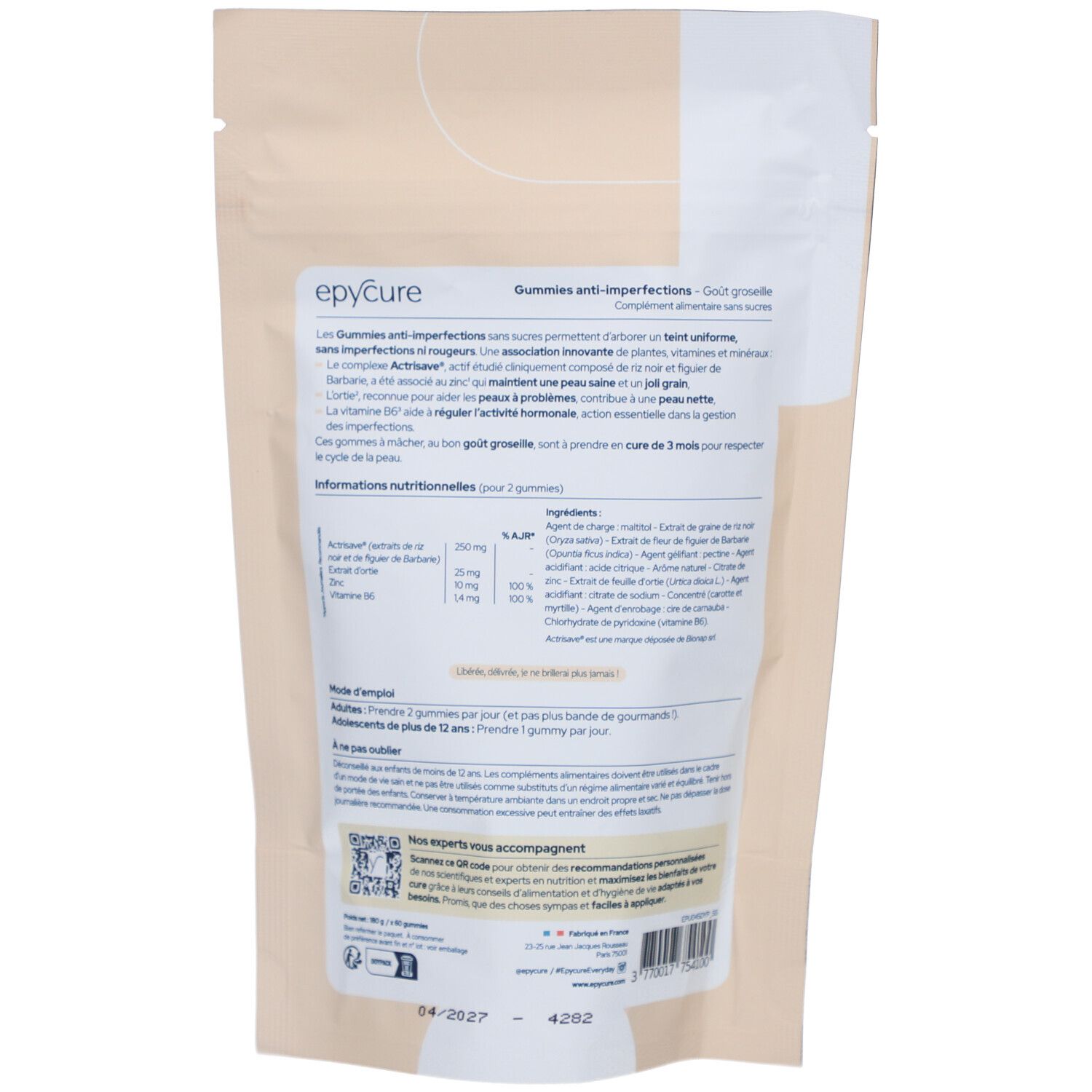 Dos du sachet "Epycure Gummies anti-imperfections". Texte, ingrédients, instructions d'utilisation.