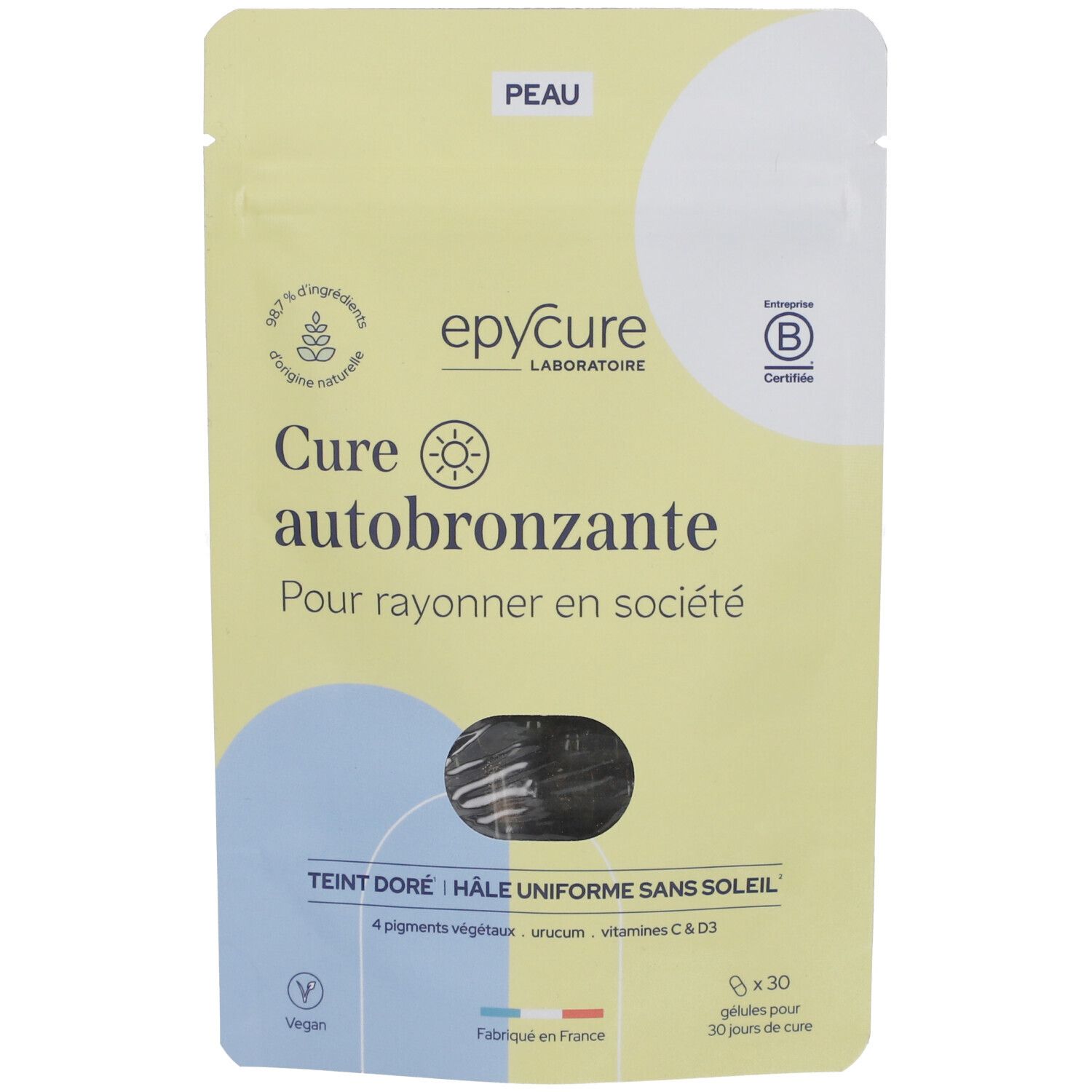 Sachet Epycure Cure autobronzante. Inscription: Teint doré, Hâle uniforme sans soleil. Vegan.