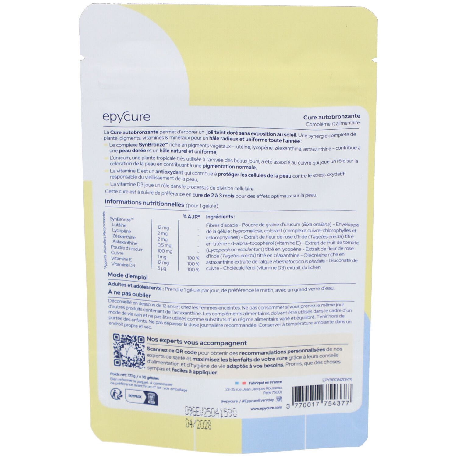 Dos du sachet Epycure Cure autobronzante. Texte et ingrédients visibles.