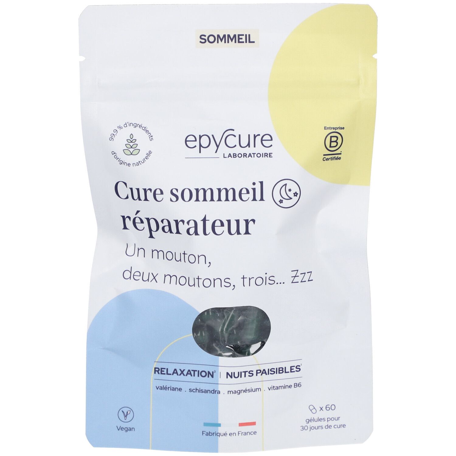 Sachet de gélules Epycure. Inscription: Cure sommeil réparateur, 60 gélules. Vegan.