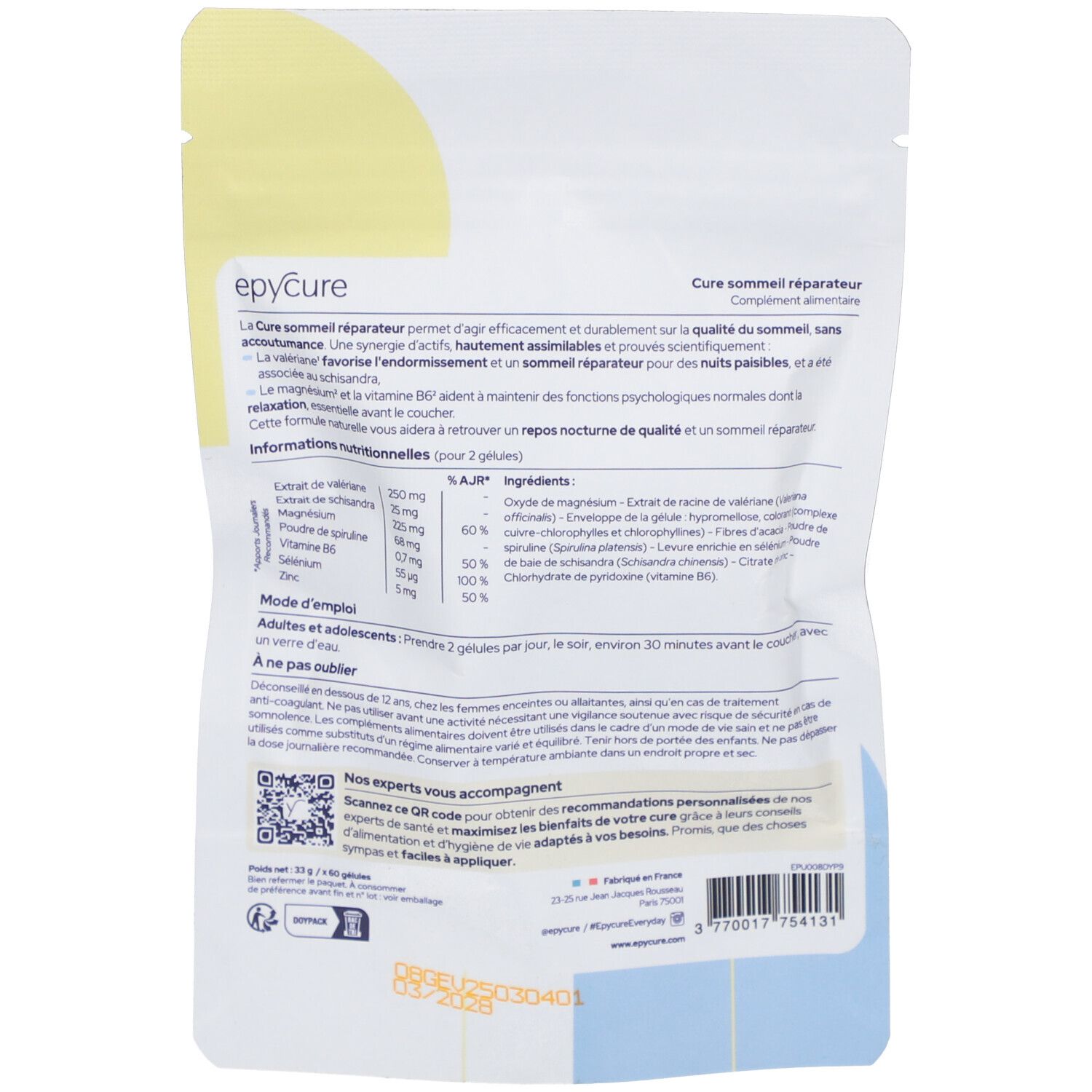 Dos du sachet de gélules. Texte: Epycure, Cure sommeil réparateur. Ingrédients, mode d'emploi.