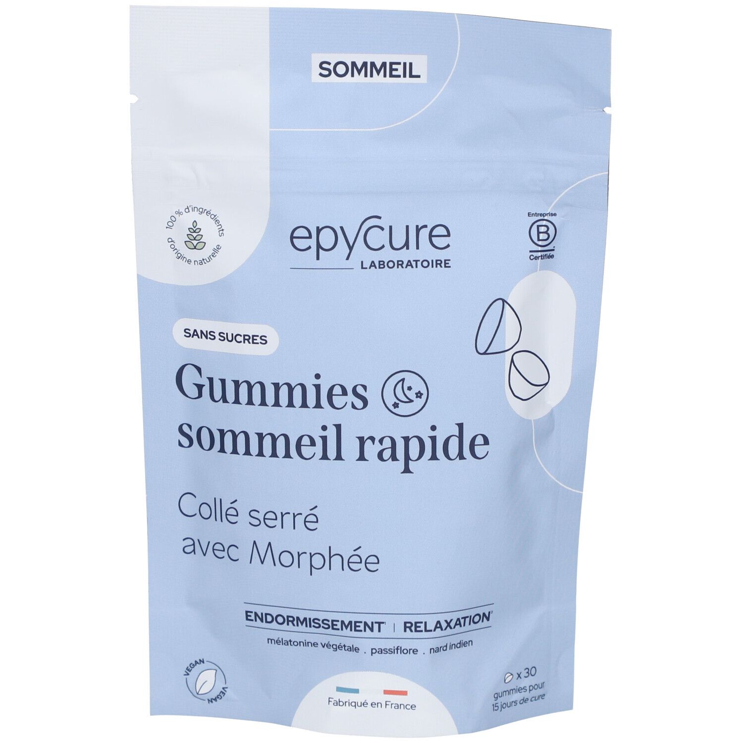 Sachet de gummies "Epycure" pour sommeil rapide. Emballage bleu avec nom et logo. Contient 30 gummies.