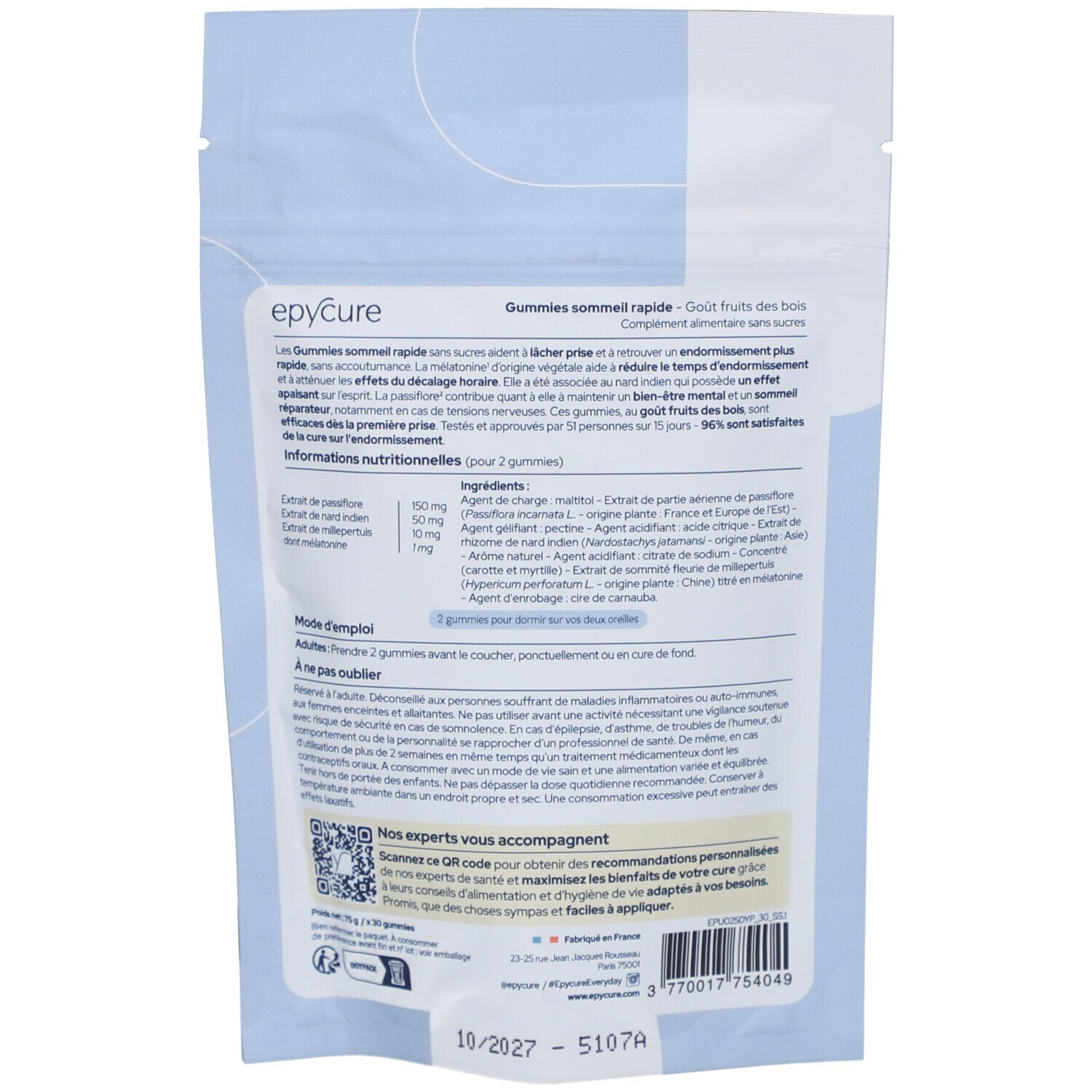 Dos du sachet de gummies "Epycure". Contient des informations sur les ingrédients, l'utilisation et les valeurs nutritionnelles.