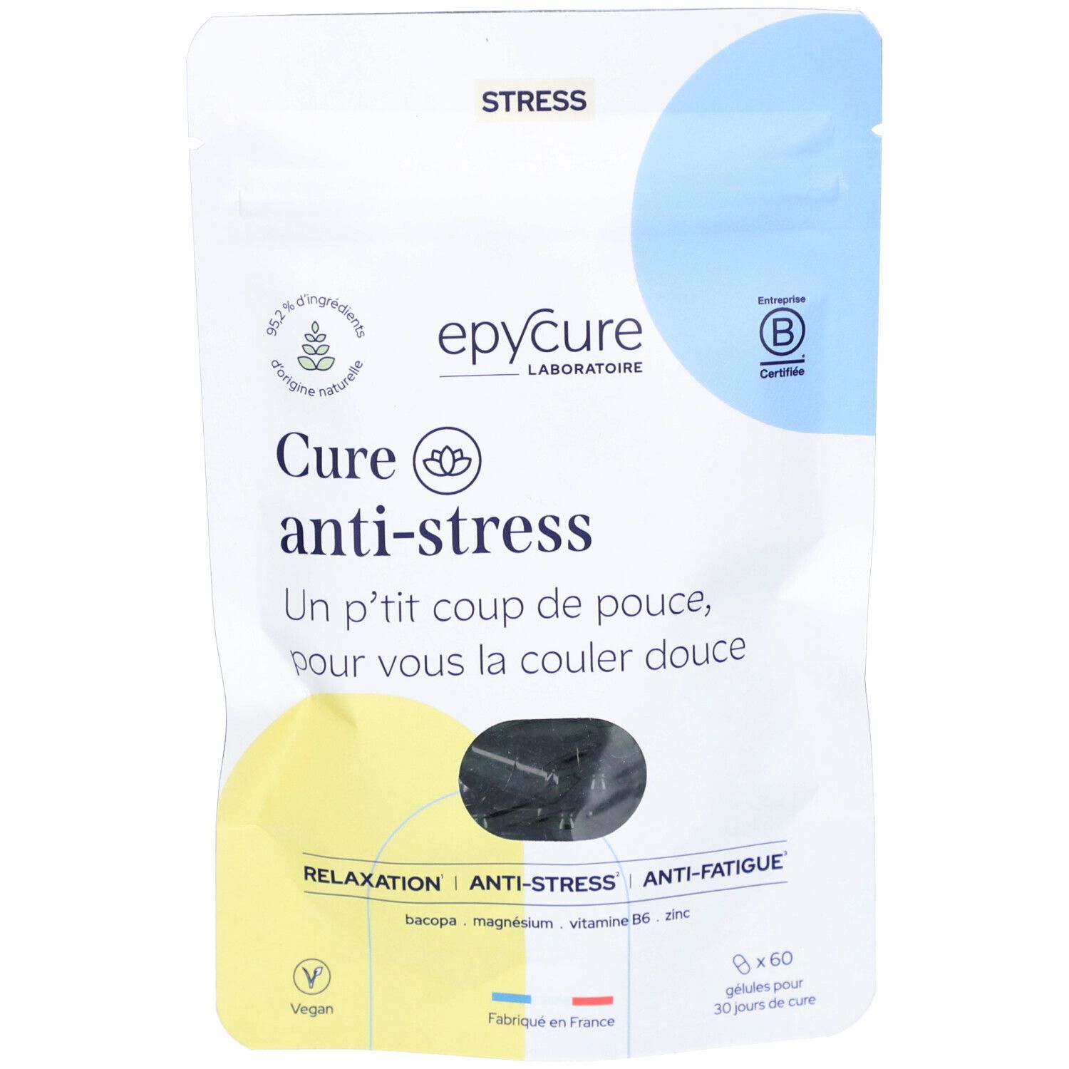 Sachet de gélules Epycure anti-stress. Ingrédients et certifications visibles. Logo végétalien.