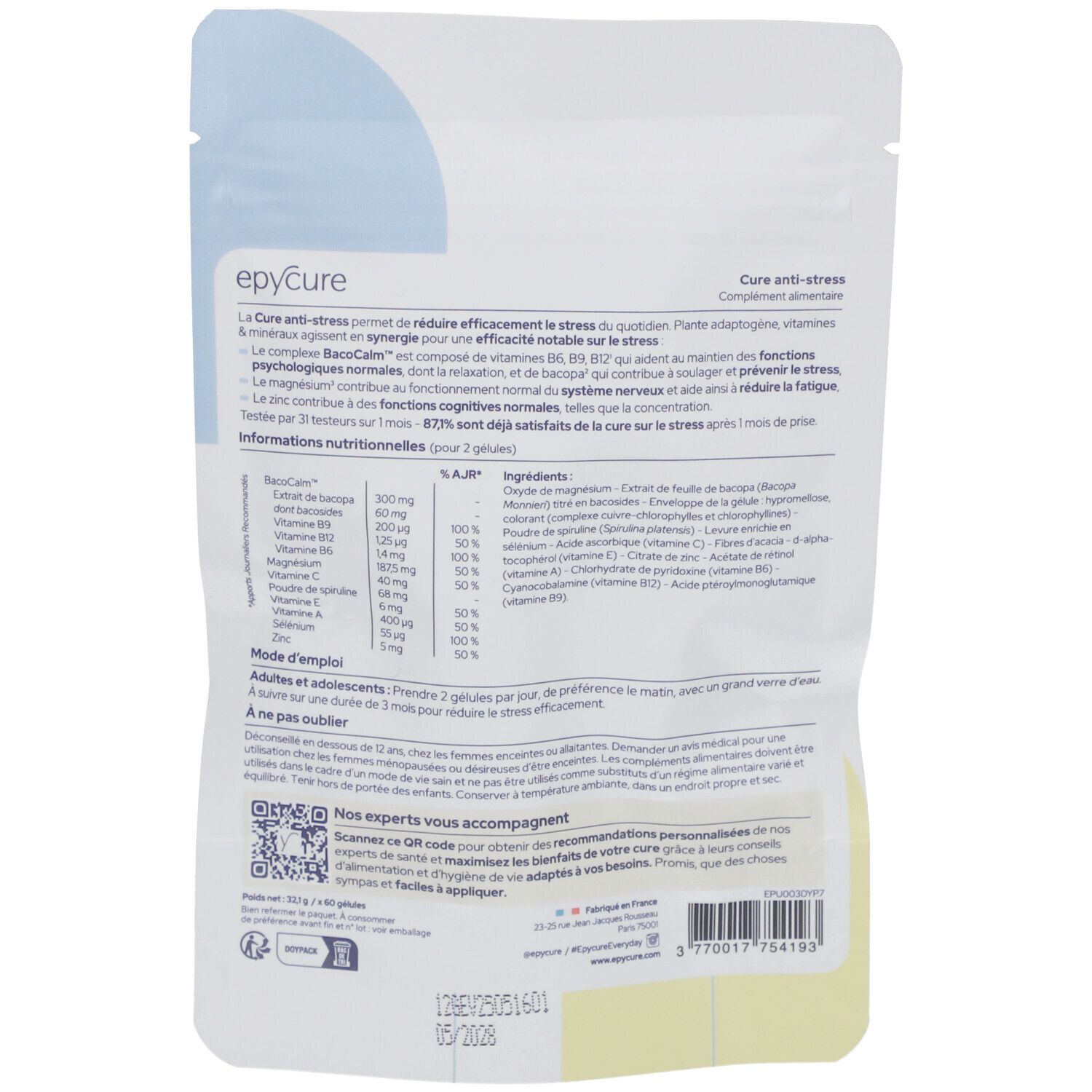 Dos du sachet de gélules. Informations textuelles, ingrédients et valeurs nutritionnelles visibles.