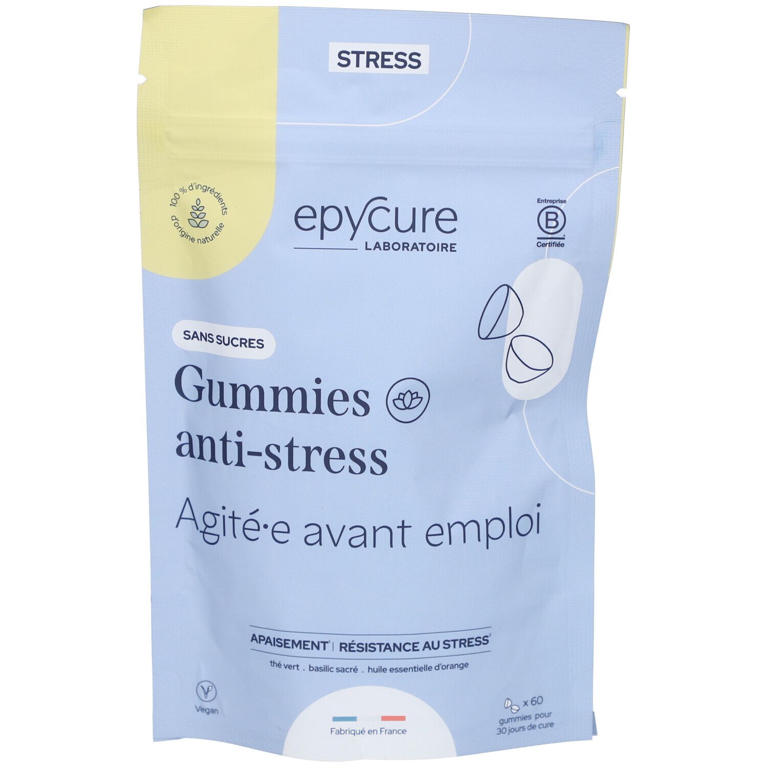 Sachet bleu clair avec logo "Epycure" et inscription "Gummies anti-stress". Label végan. Contient 60 gommes.
