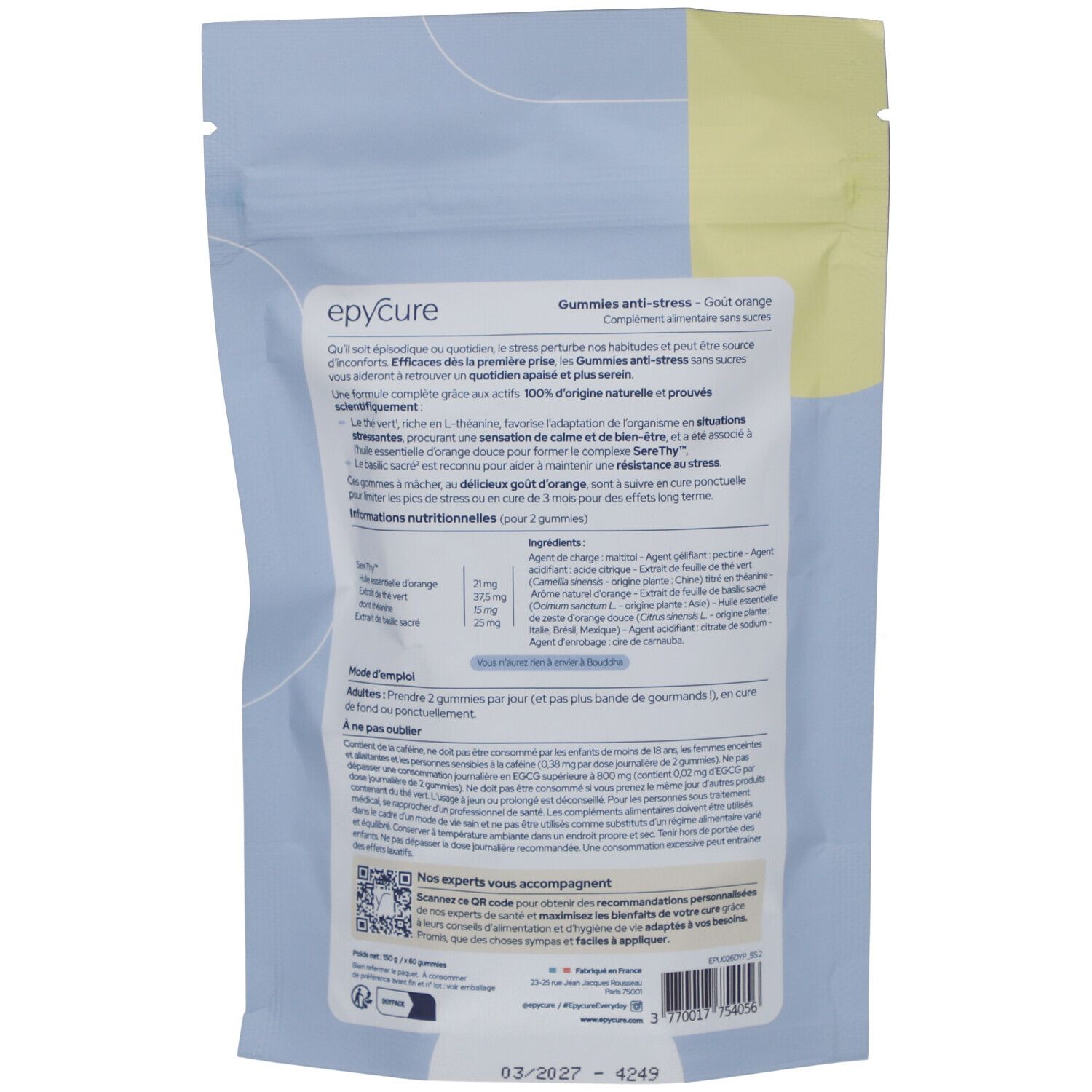 Dos du sachet bleu clair. Informations textuelles, ingrédients et code QR. Logo "Epycure" en haut à gauche.