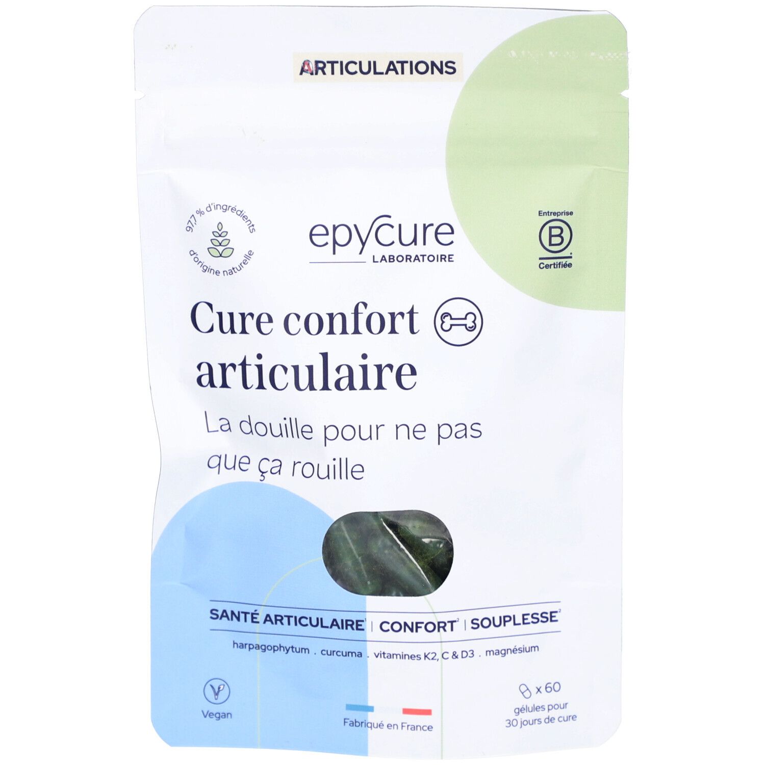 Sachet Epycure Cure Joint Confort. Inscription: Articulations, Cure confort articulaire, 60 gélules.
