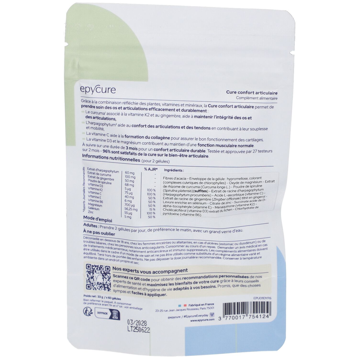 Dos du sachet Epycure Cure Joint Confort. Texte et ingrédients visibles.