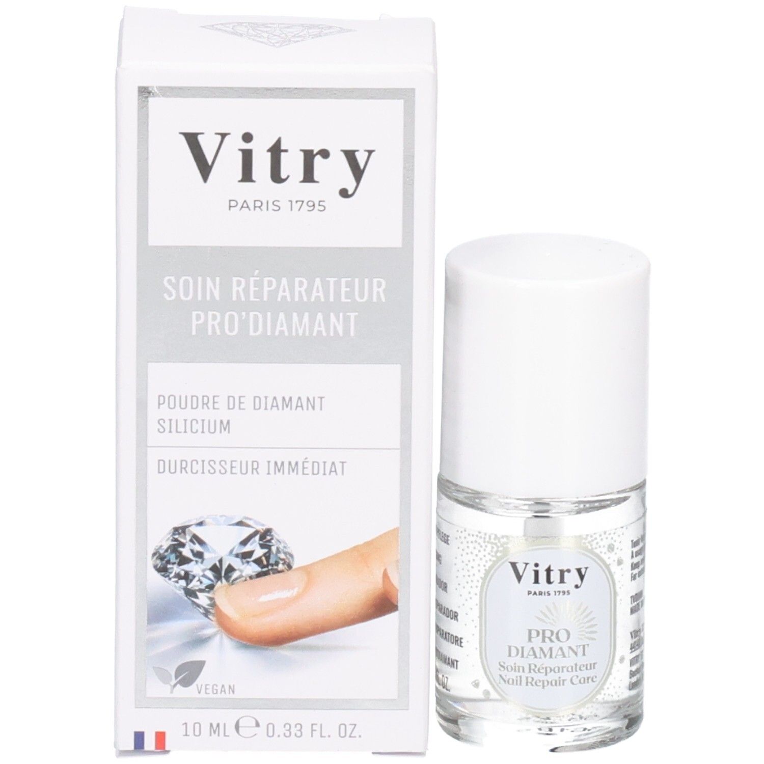 Produktflasche neben weißer Schachtel. Schachtel mit "Vitry" und "PRO DIAMANT".