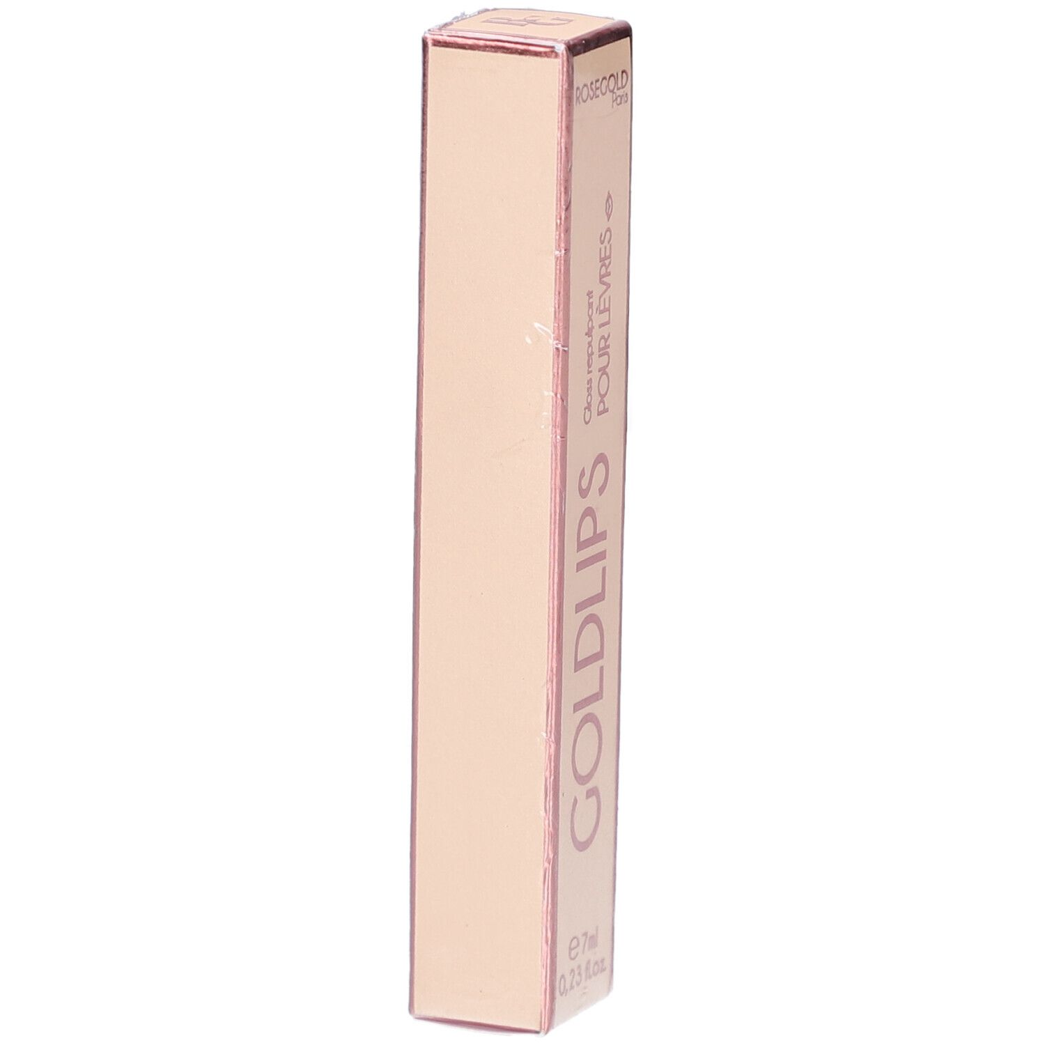 Roségoldfarbene Verpackung mit Produktnamen GOLDLIPS. Enthält 7ml Gloss. Text: Gloss repulpant pour lèvres.