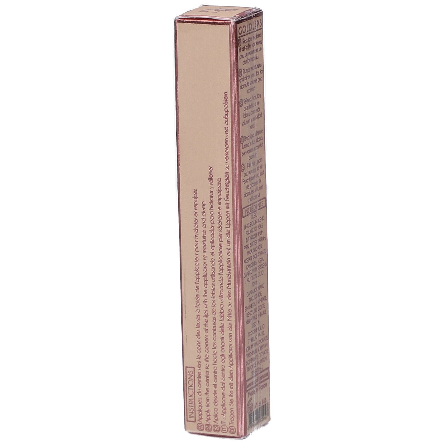 Seite der Roségold-Verpackung mit Anweisungen. Produktname: GOLDLIPS. Text in mehreren Sprachen.