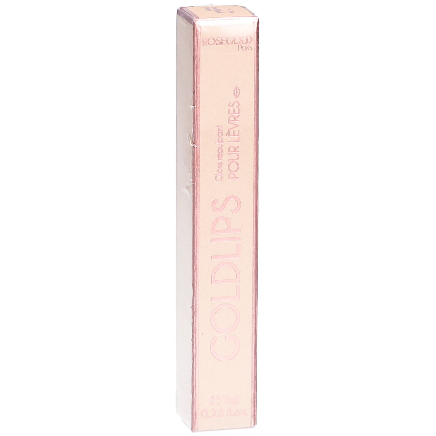 Roségoldfarbene Verpackung mit Produktnamen GOLDLIPS. Enthält 7ml Gloss. Text: Gloss repulpant pour lèvres.
