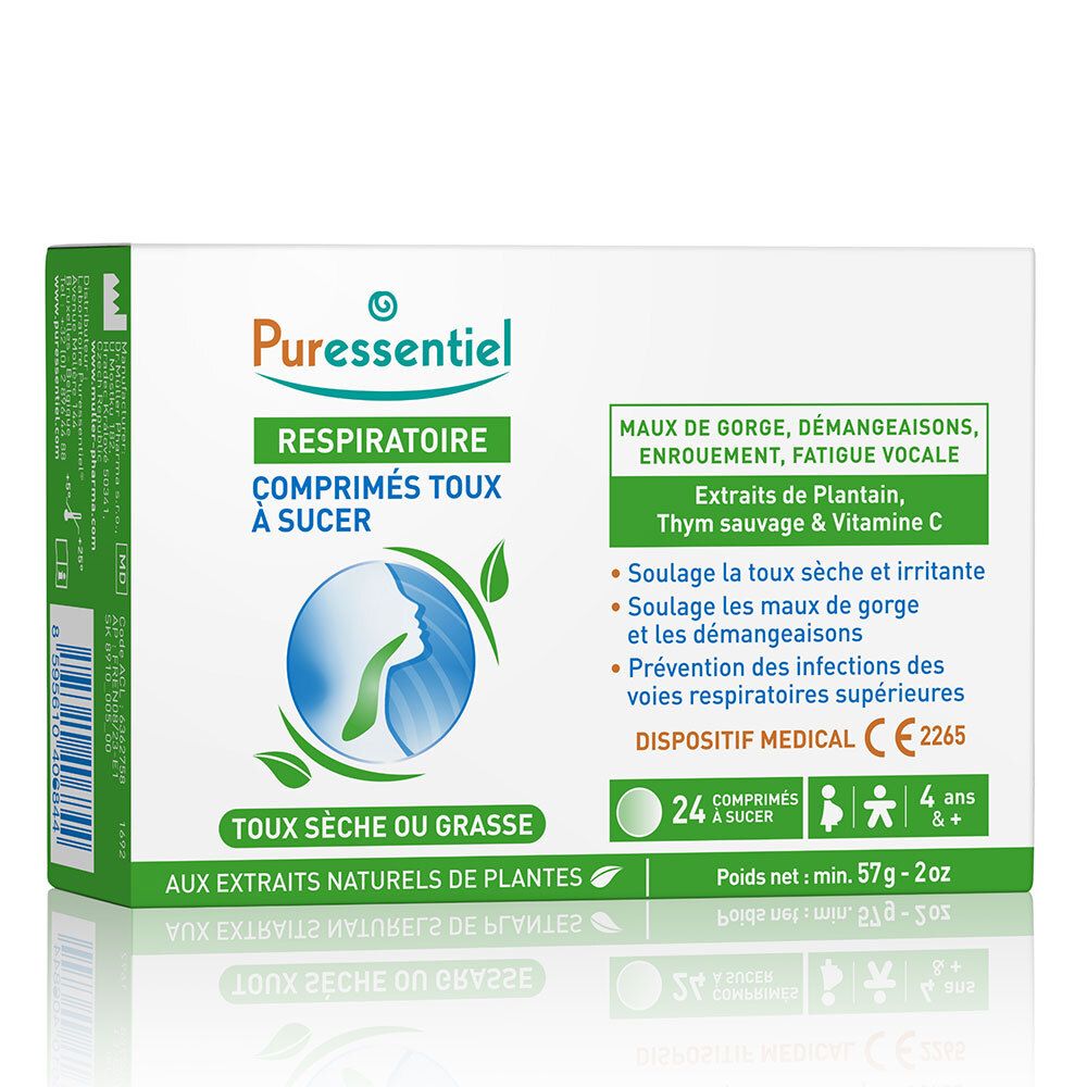 Boîte de comprimés pour la toux Puressentiel Respiratoire. 24 comprimés à sucer, pour enfants dès 4 ans. Texte en français.