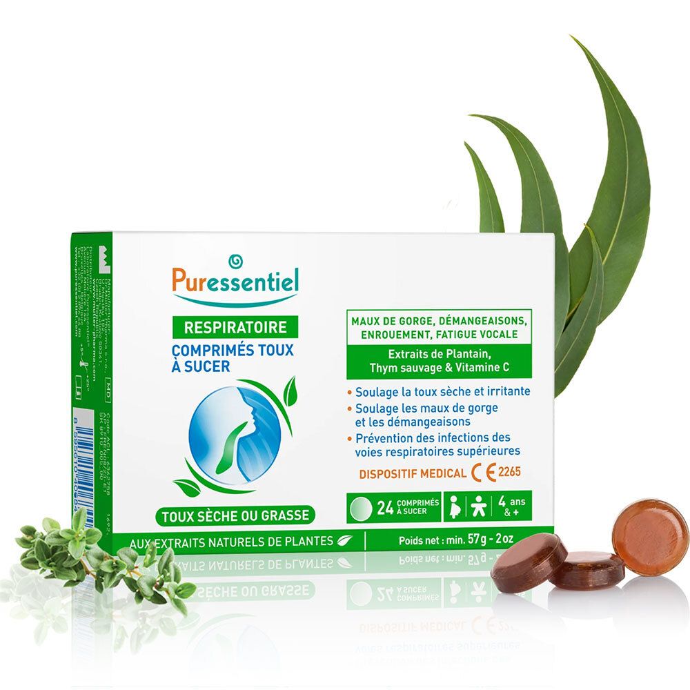 Boîte de comprimés pour la toux et branches d'eucalyptus. 24 comprimés à sucer. Texte: Puressentiel Respiratoire, Toux sèche ou grasse.
