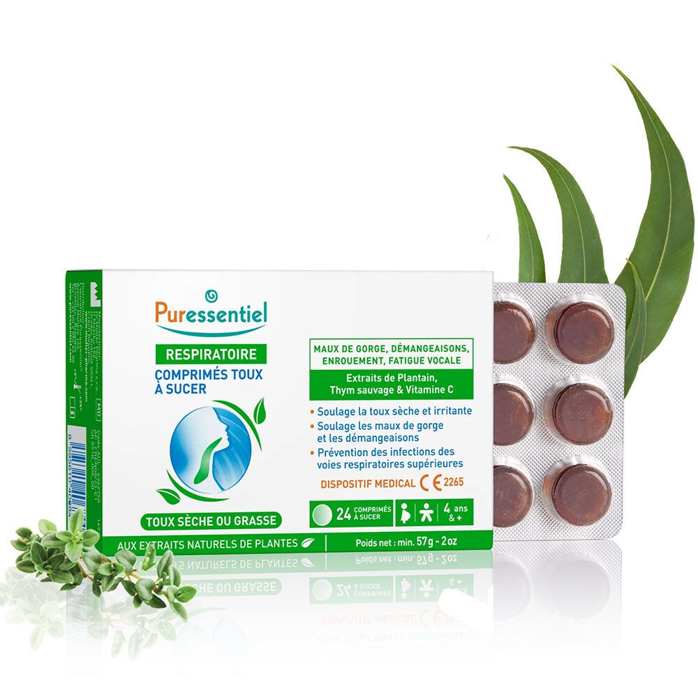 Blister de comprimés pour la toux et branches d'eucalyptus. 24 comprimés à sucer. Texte: Puressentiel Respiratoire.