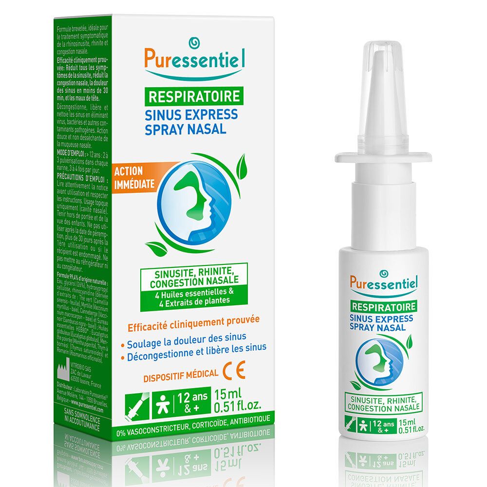 Spray nasal et emballage. Inscription : Puressentiel Respiratoire Sinus Express Spray Nasal. Dispositif médical.