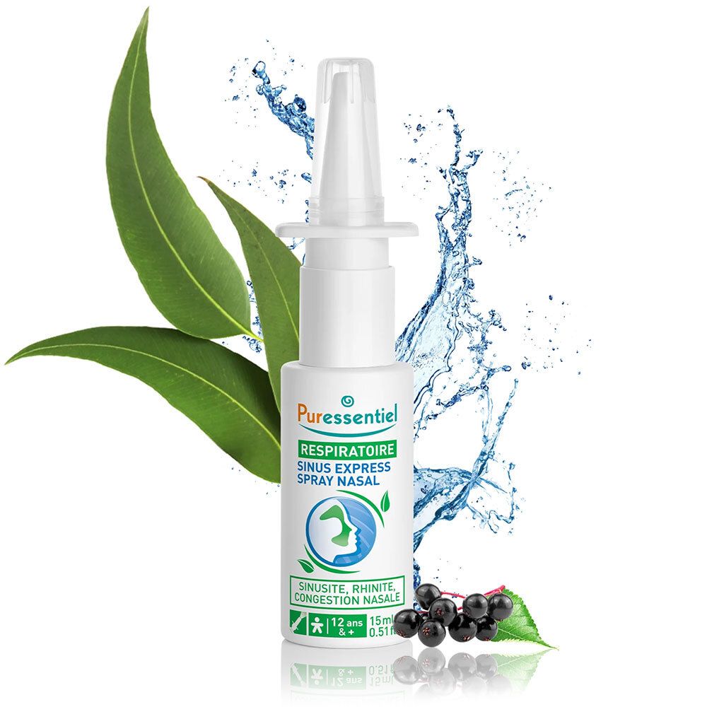 Spray nasal blanc avec feuilles vertes et eau. Inscription : Puressentiel Respiratoire Sinus Express Spray Nasal.
