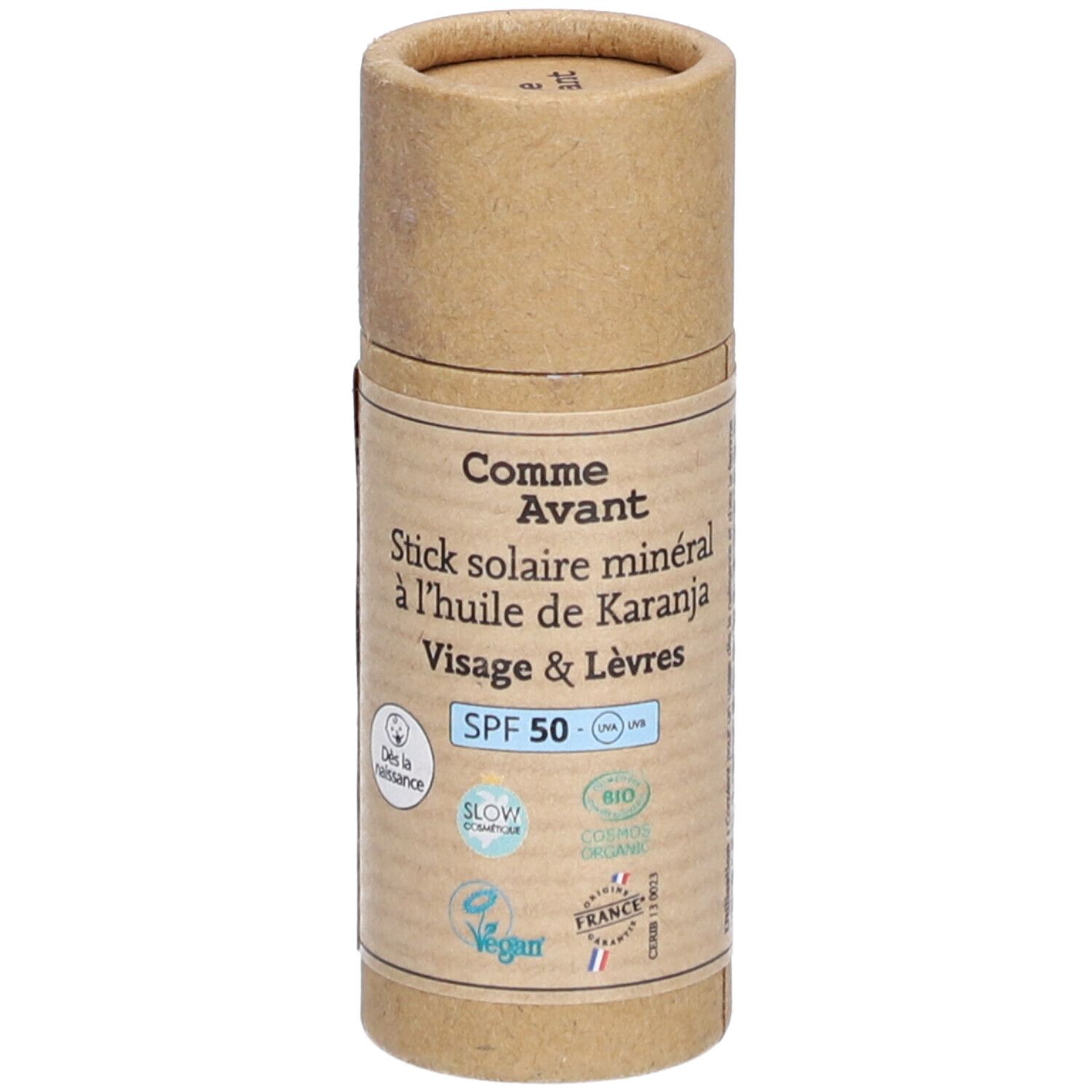 Stick solaire minéral Comme Avant, emballage cylindrique en carton brun. Inscription SPF 50, Vegan, Bio. Fabriqué en France.