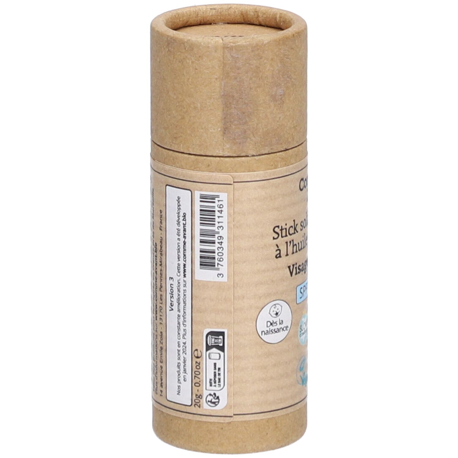 Stick solaire minéral Comme Avant, emballage cylindrique en carton brun. Inscription SPF 50, Vegan, Bio. Fabriqué en France.