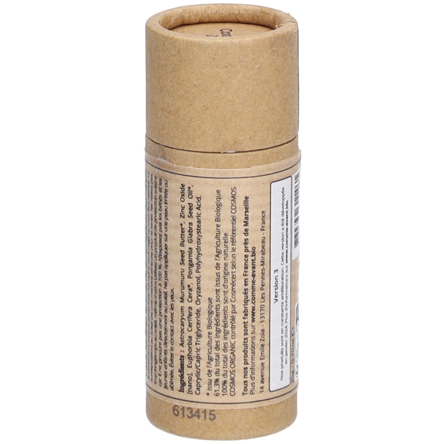 Stick solaire, emballage cylindrique en carton brun. Liste des ingrédients et informations. Certification Bio.