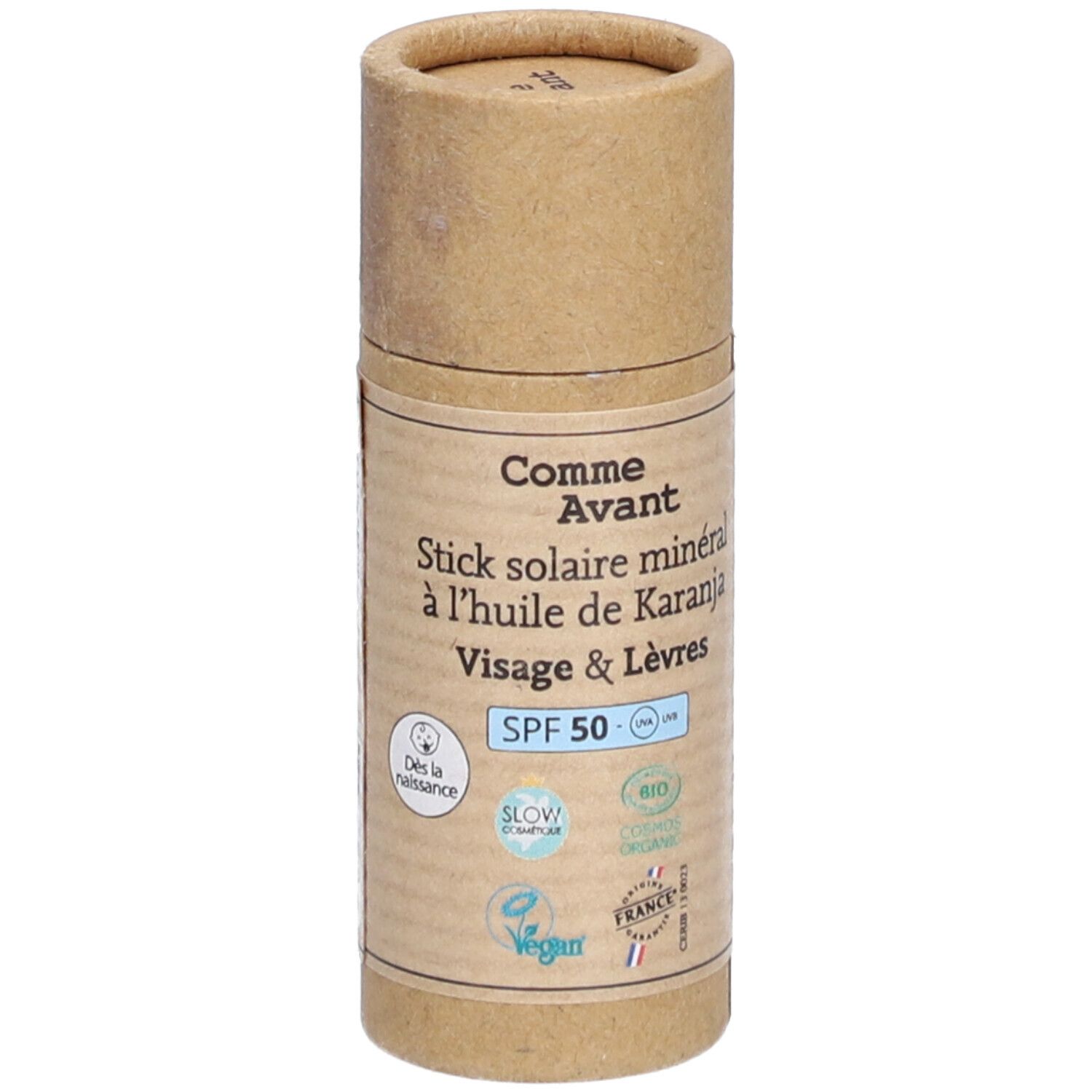 Stick solaire minéral Comme Avant, emballage cylindrique en carton brun. Inscription SPF 50, Vegan, Bio. Fabriqué en France.
