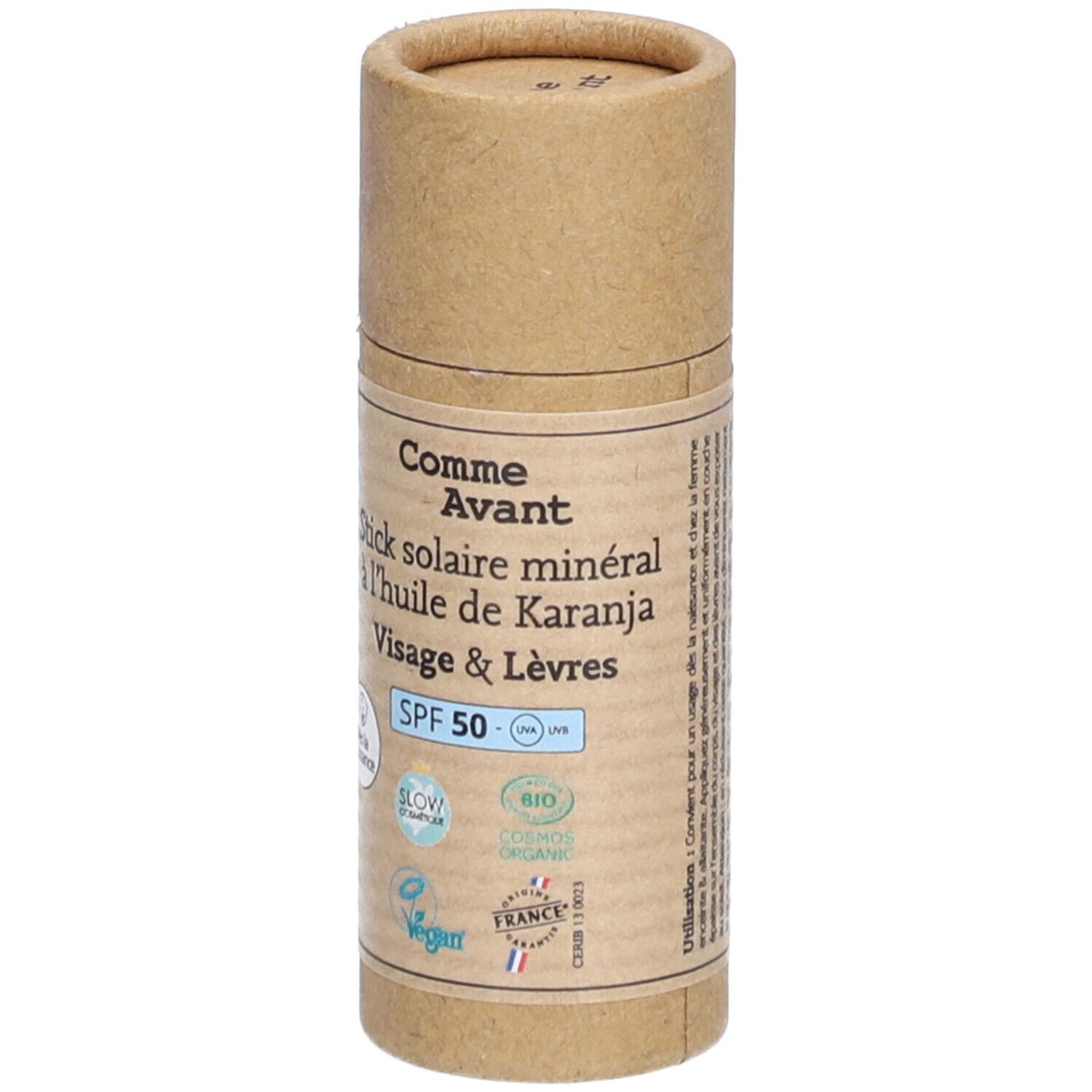 Stick solaire minéral Comme Avant, emballage cylindrique en carton brun. Inscription SPF 50, Vegan, Bio. Fabriqué en France.