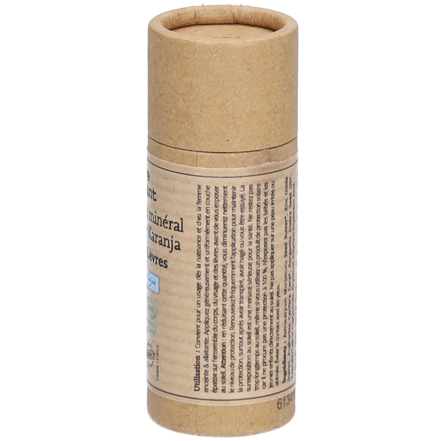 Stick solaire minéral Comme Avant, emballage cylindrique en carton brun. Inscription SPF 50, Vegan, Bio. Fabriqué en France.