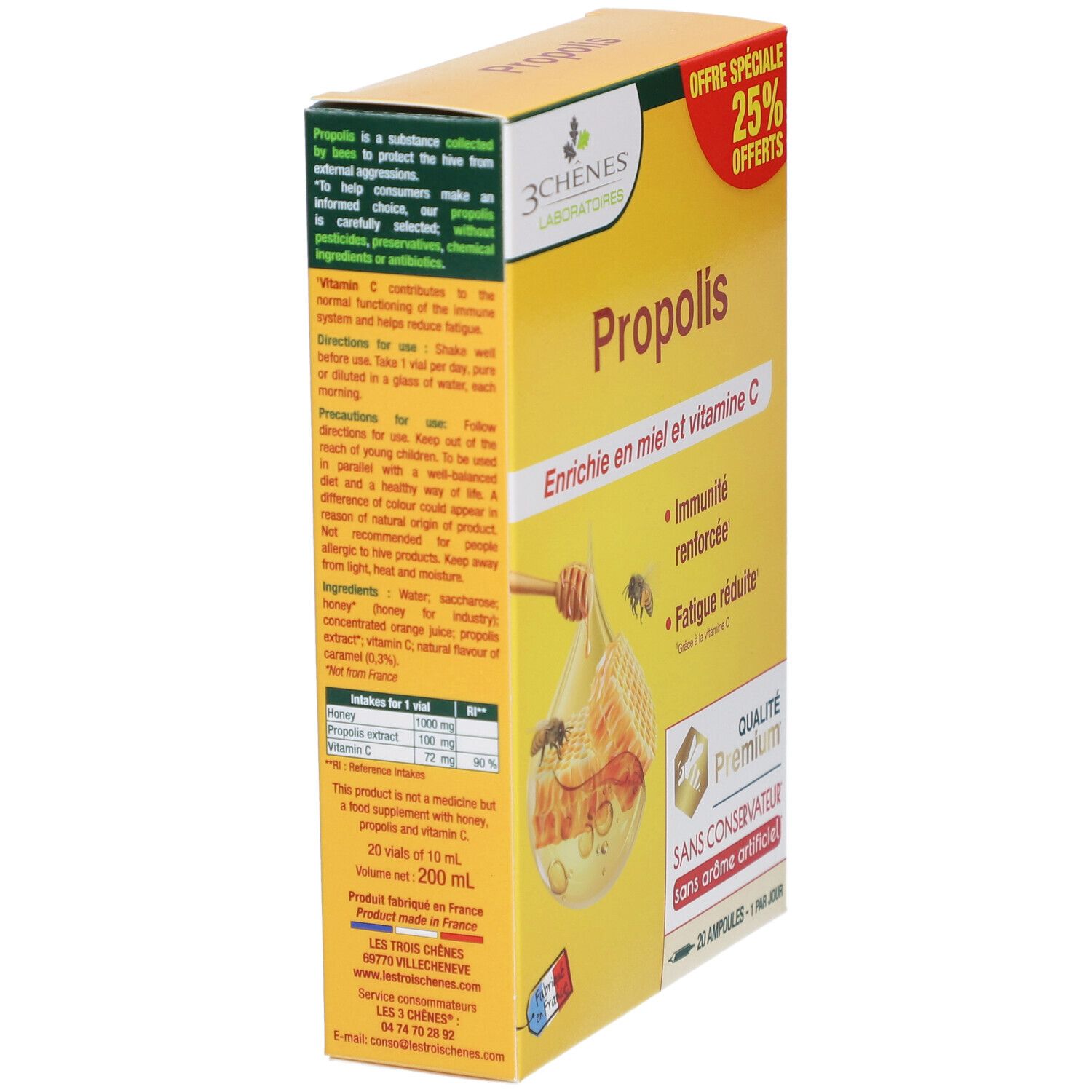 Boîte jaune "Propolis". Enrichi en miel et vitamine C. 25% de réduction. Qualité Premium. 20 ampoules. Vue latérale.