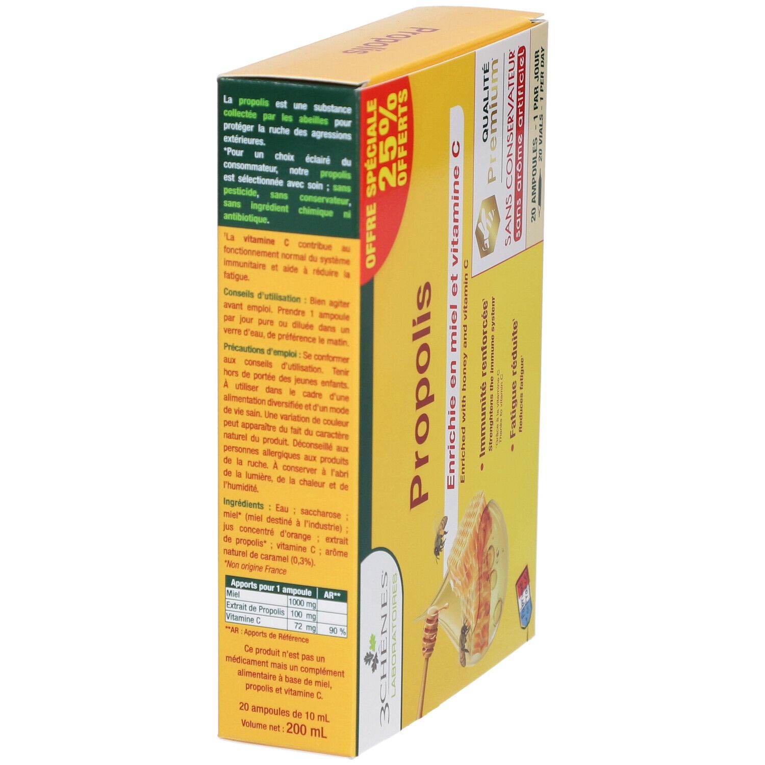 Boîte jaune "Propolis". Enrichi en miel et vitamine C. 25% de réduction. Qualité Premium. 20 ampoules. Vue oblique.