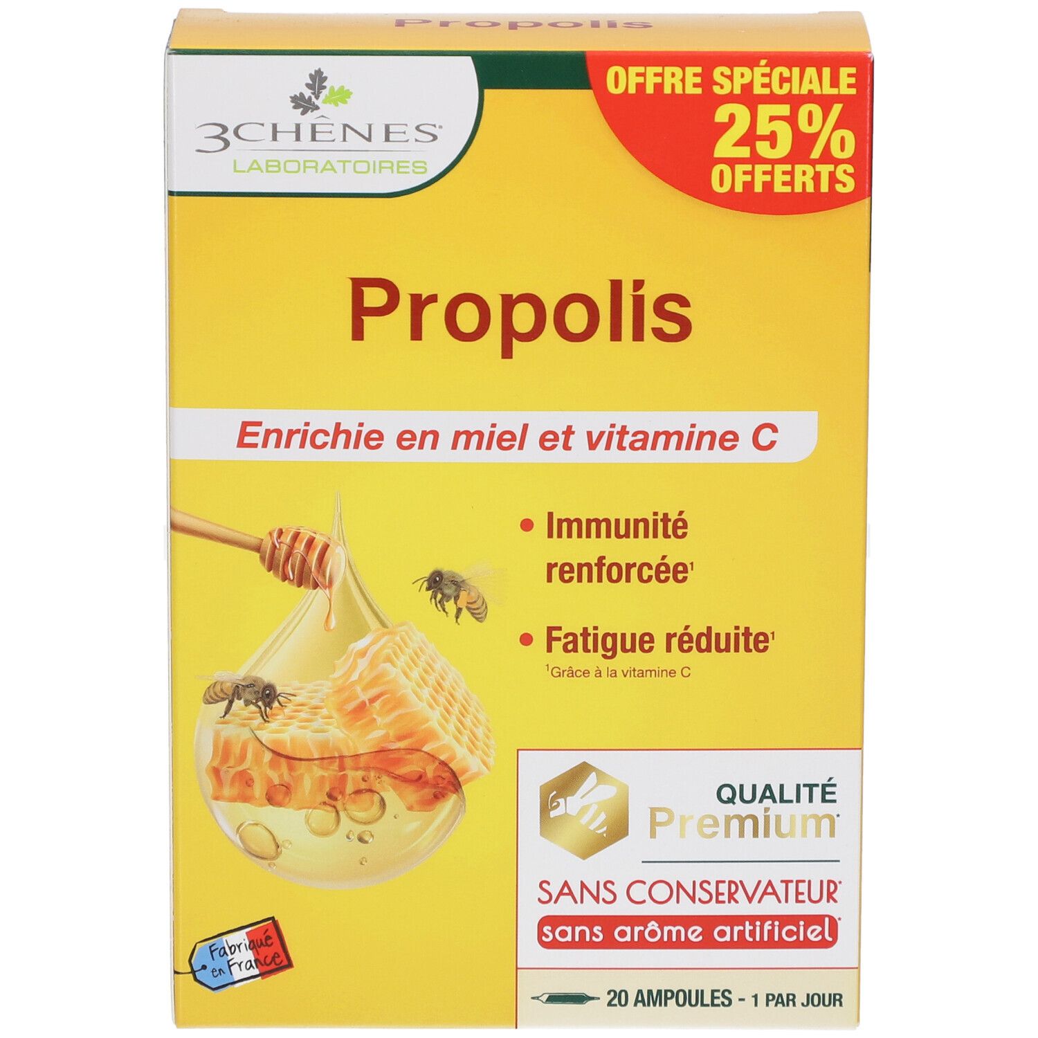 Boîte jaune "Propolis". Enrichi en miel et vitamine C. 25% de réduction. Qualité Premium. 20 ampoules.