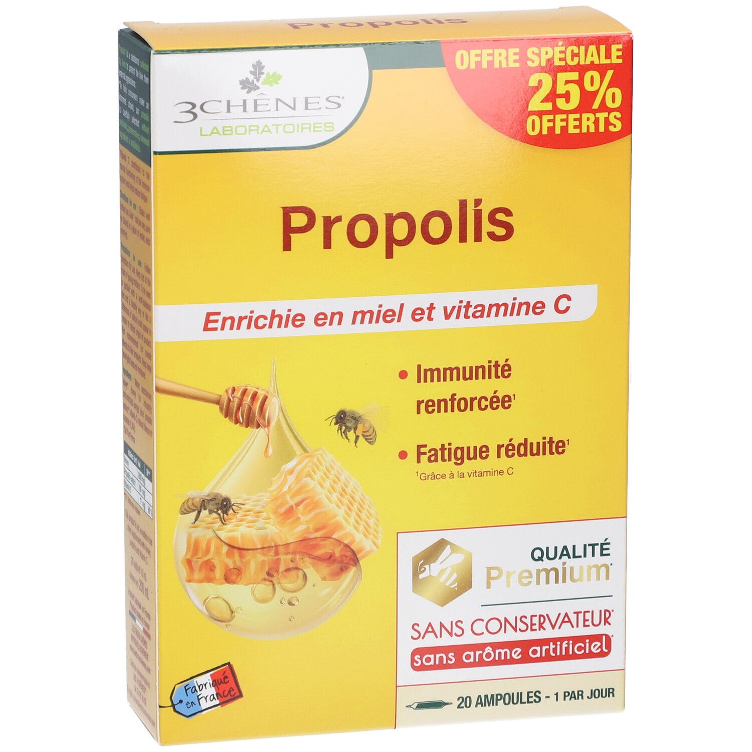 Boîte jaune "Propolis". Enrichi en miel et vitamine C. 25% de réduction. Qualité Premium. 20 ampoules.