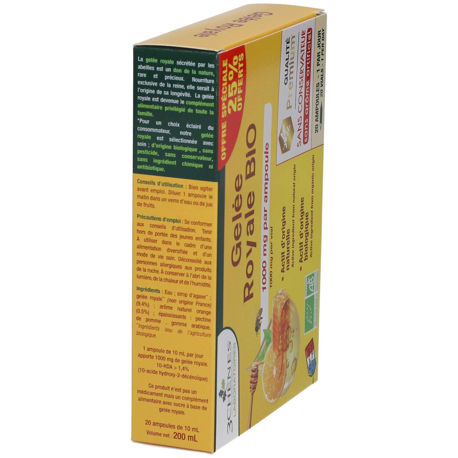 Boîte jaune Gelée Royale BIO. Nom du produit, 1000 mg par ampoule. Contient 20 ampoules. Certification bio. Vue latérale.