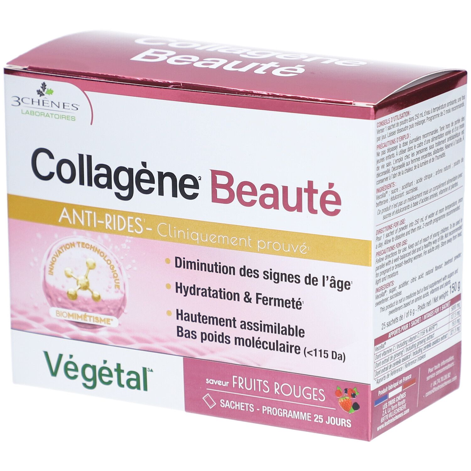 Verpackung von Collagène Beauté, rote Früchte. Enthält 25 Sachets. Aufschrift: Anti-Falten, klinisch bewiesen.