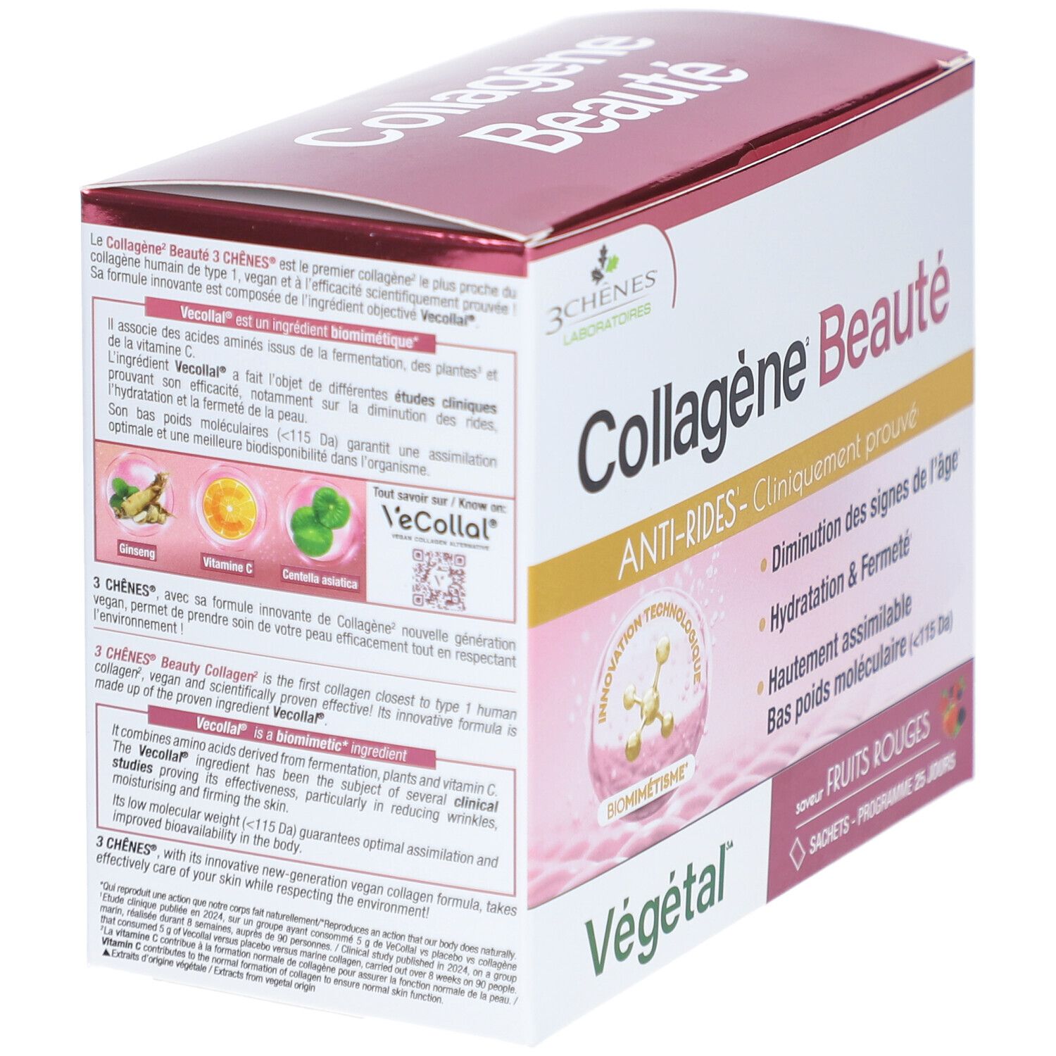 Verpackung von Collagène Beauté, rote Früchte. Enthält 25 Sachets. Aufschrift: Anti-Falten, klinisch bewiesen. Detailansicht.