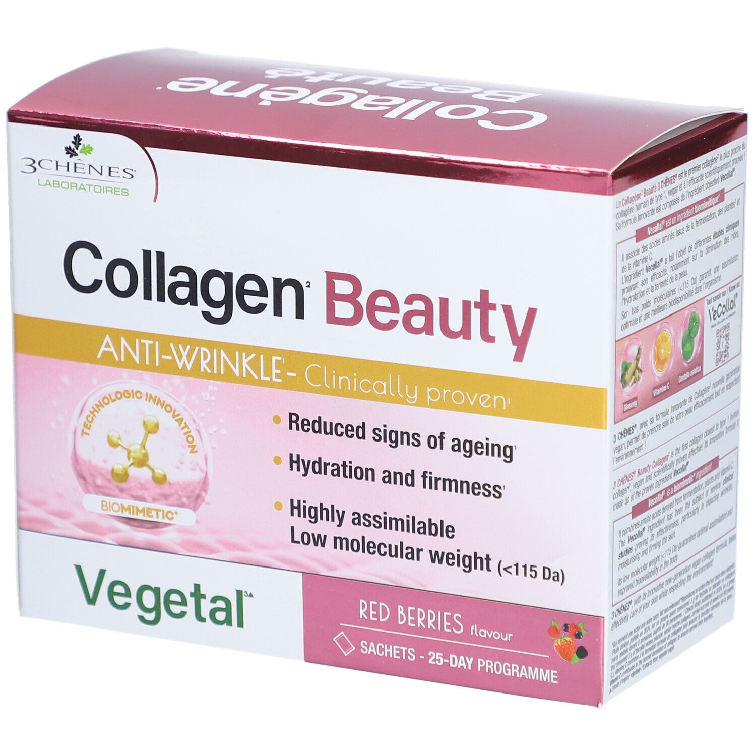 Verpackung von Collagène Beauty, rote Beeren Geschmack. Enthält 25 Sachets. Aufschrift: Anti-Falten, klinisch bewiesen.