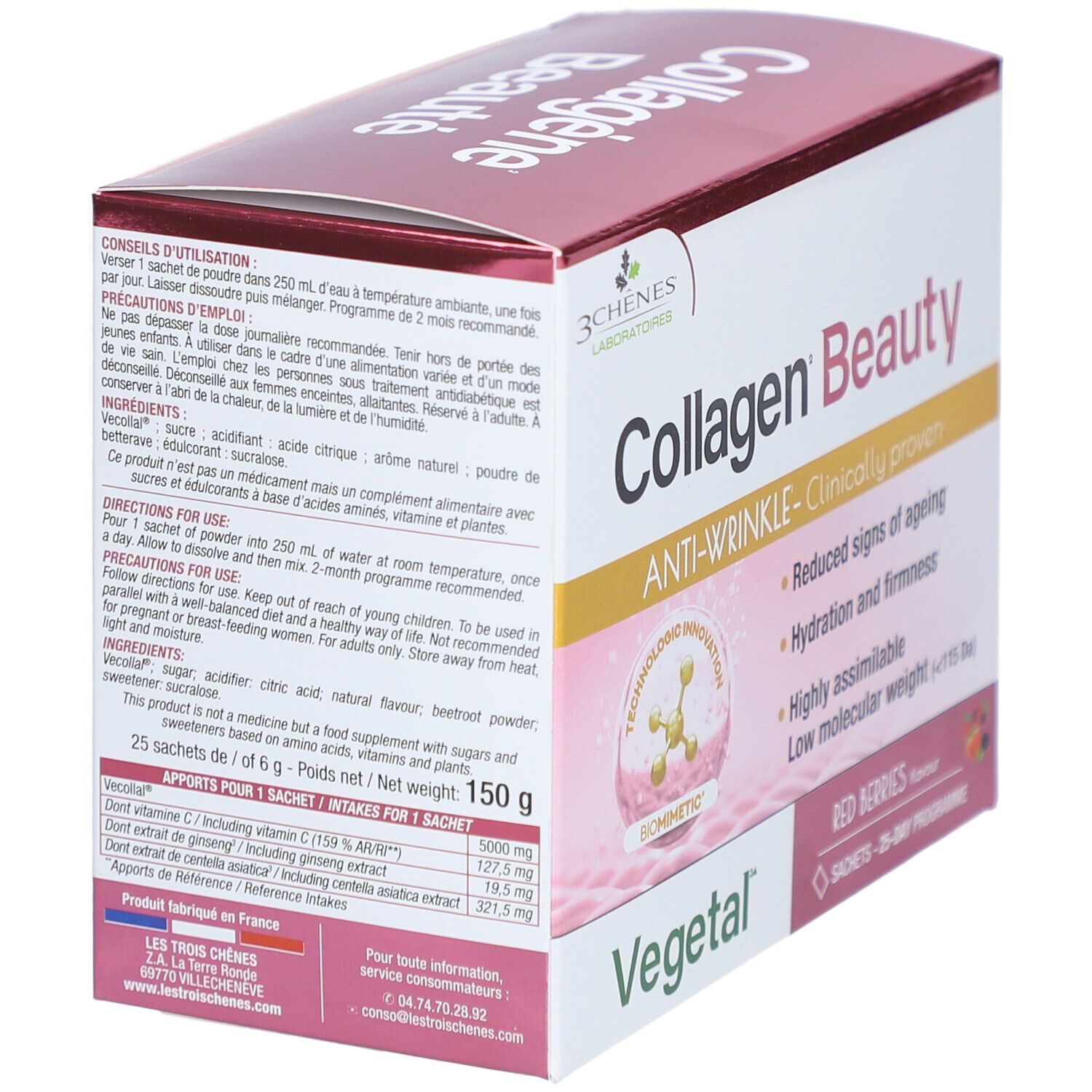 Verpackung von Collagène Beauty, rote Beeren Geschmack. Enthält 25 Sachets. Aufschrift: Anti-Falten, klinisch bewiesen. Rückseite.
