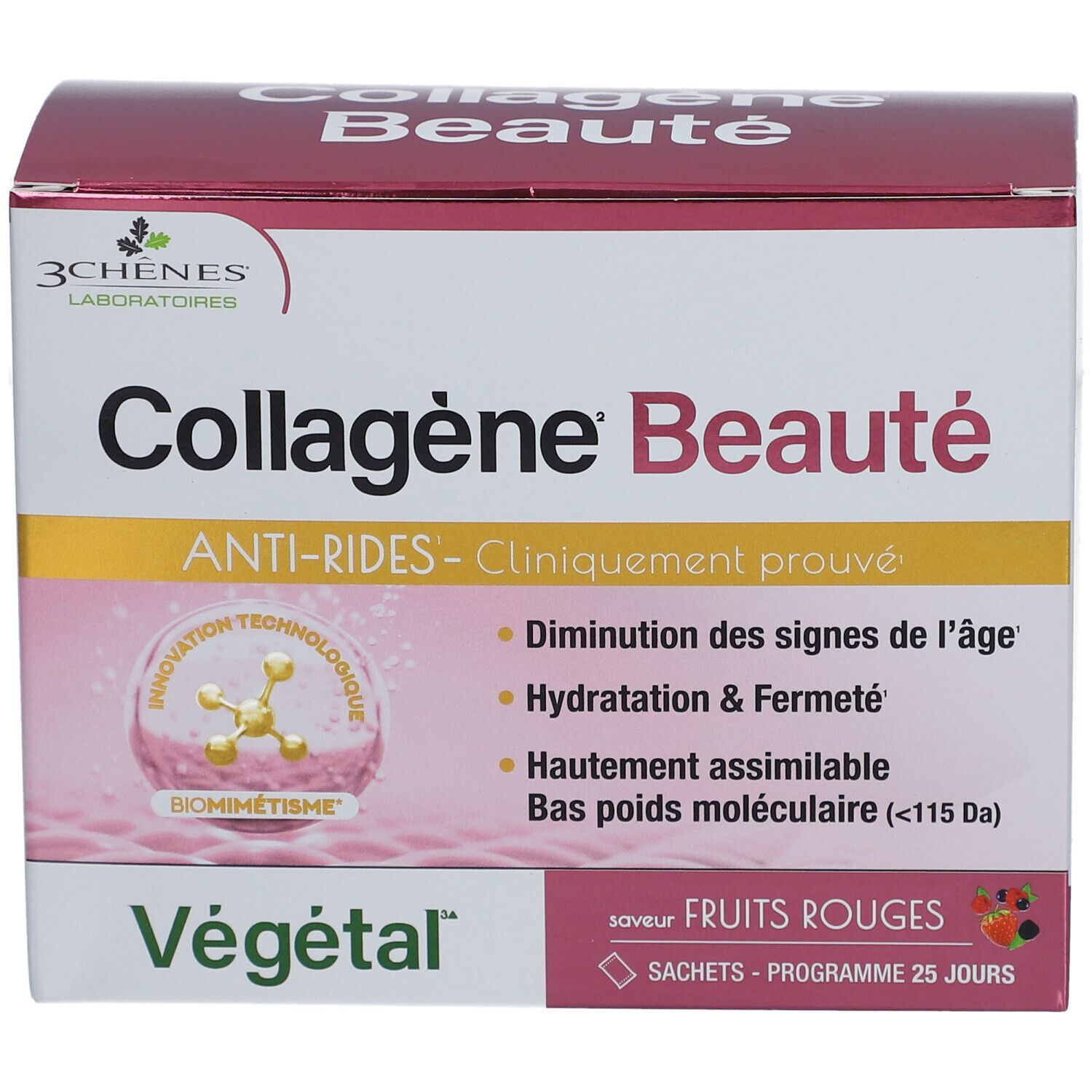 Verpackung von Collagène Beauté, rote Früchte. Enthält 25 Sachets. Aufschrift: Anti-Falten, klinisch bewiesen.