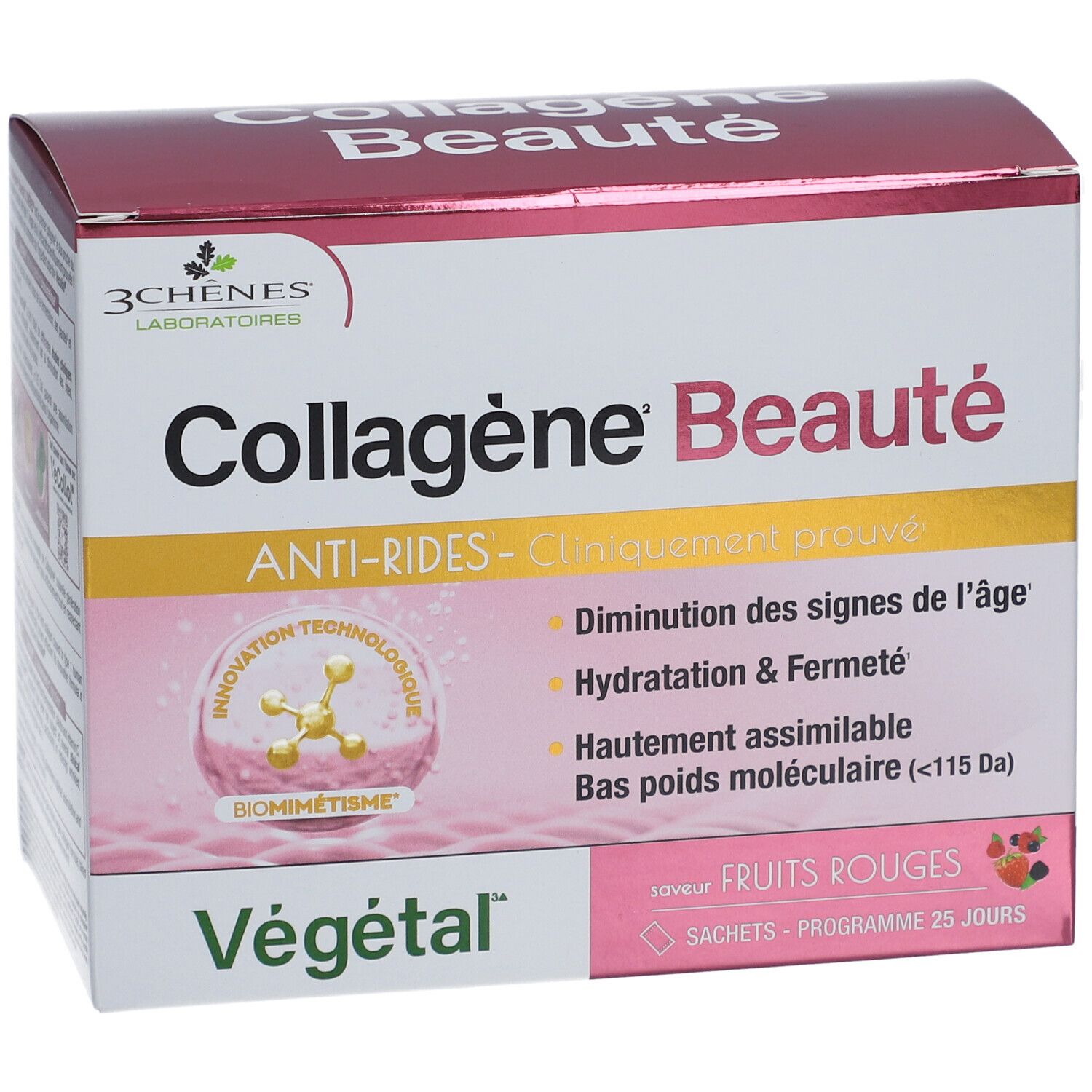 Verpackung von Collagène Beauté, rote Früchte. Enthält 25 Sachets. Aufschrift: Anti-Falten, klinisch bewiesen.