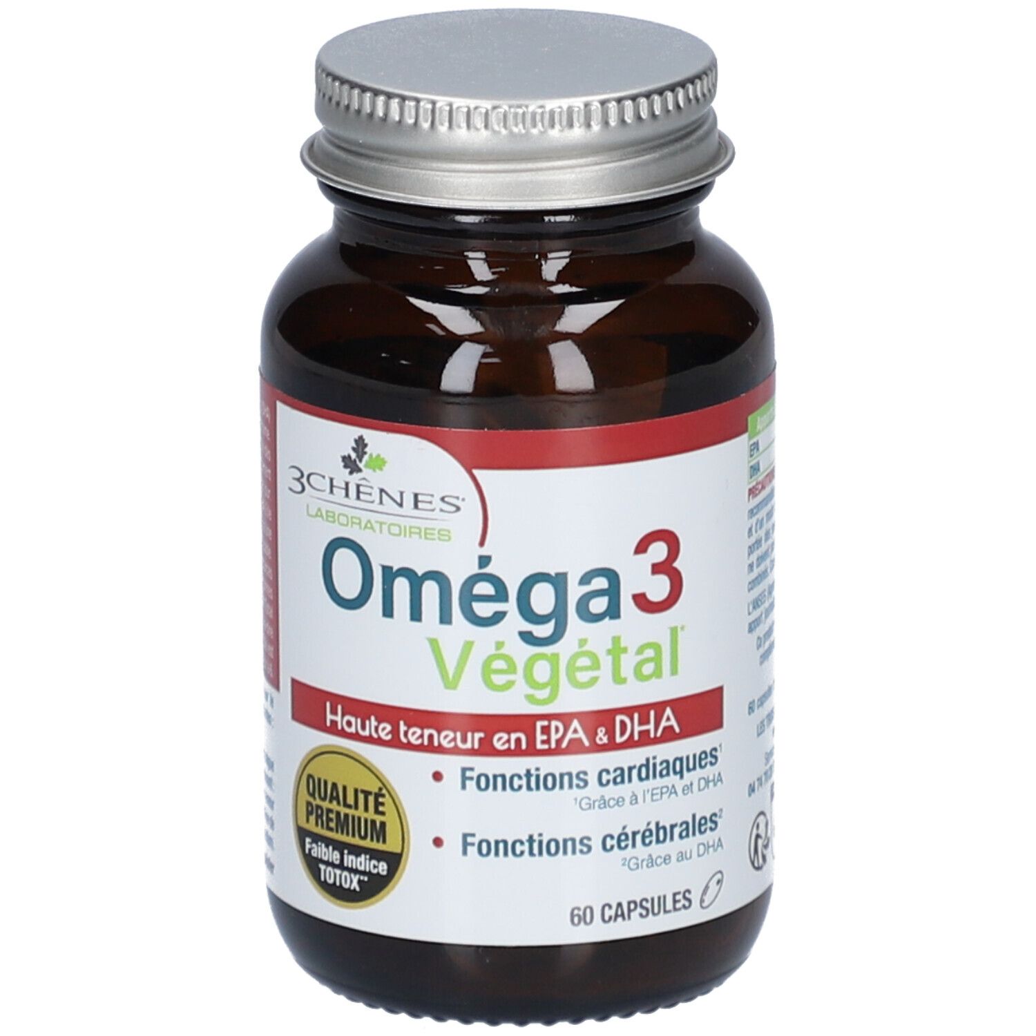 Flacon en verre brun avec capsules. Étiquette avec nom du produit et logos. Bouchon métallique. 60 capsules.
