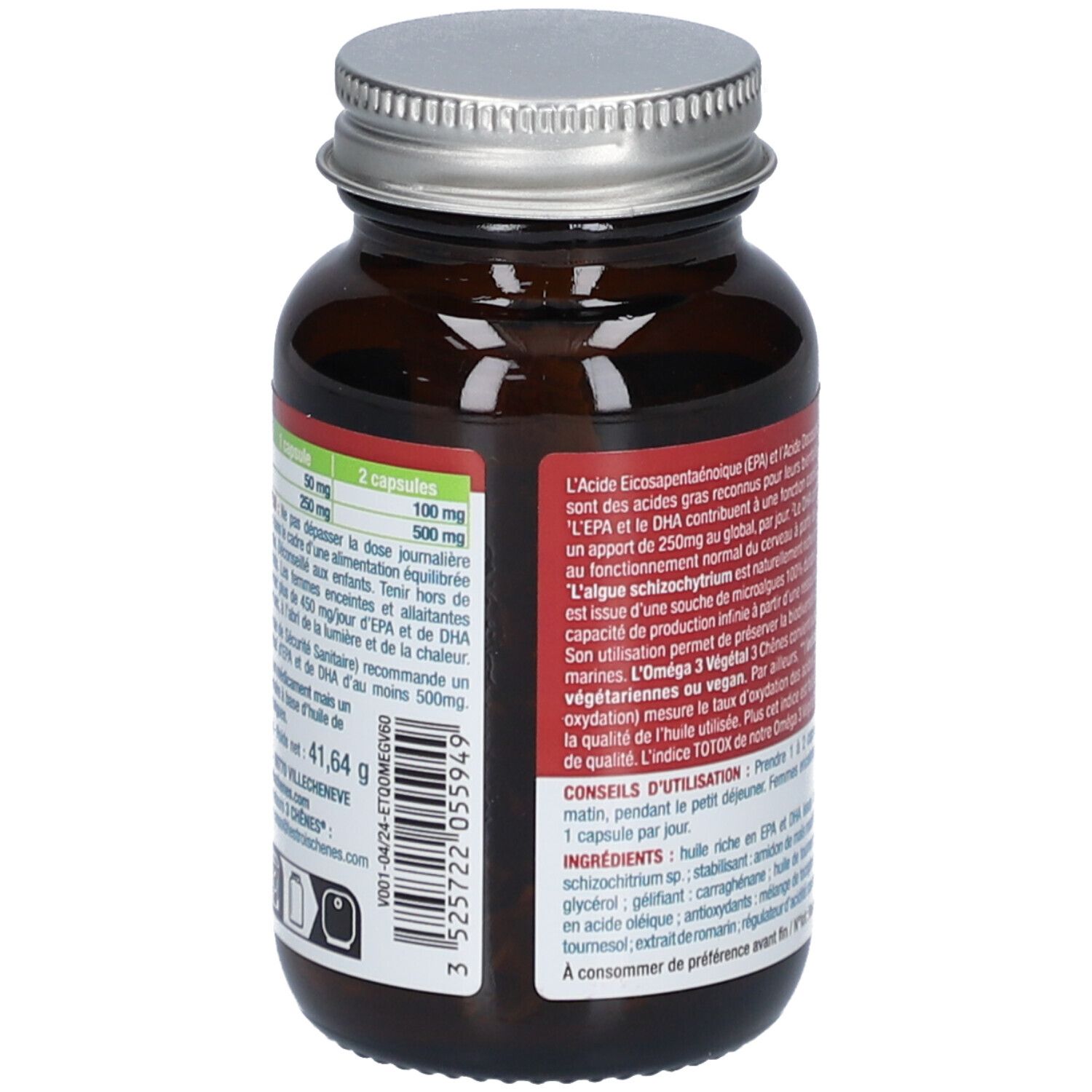 Vue arrière du flacon. Étiquette avec informations nutritionnelles et ingrédients. Verre brun. Code-barres 3D.
