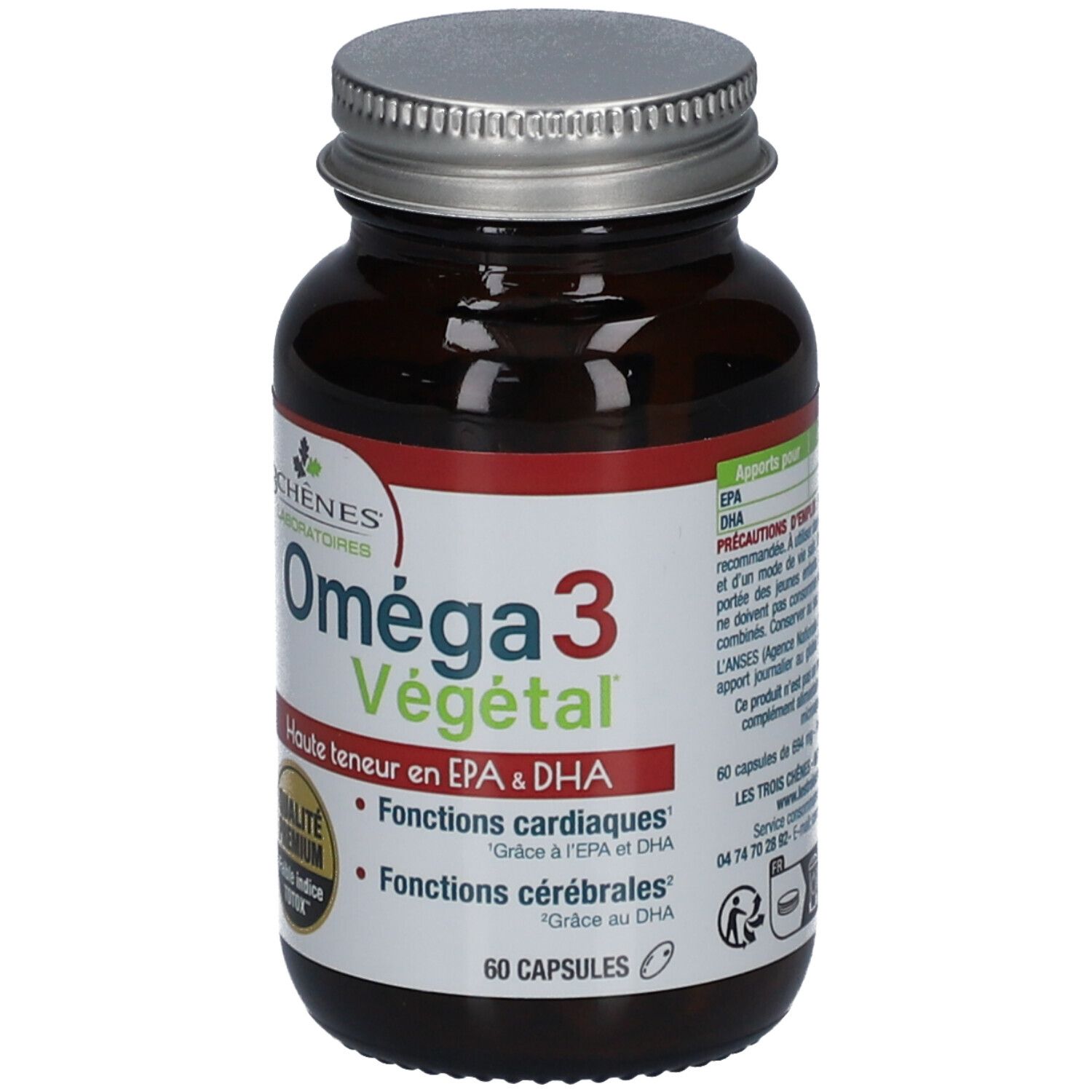 Flacon en verre brun avec capsules. Étiquette avec nom du produit et logos. Bouchon métallique. 60 capsules.