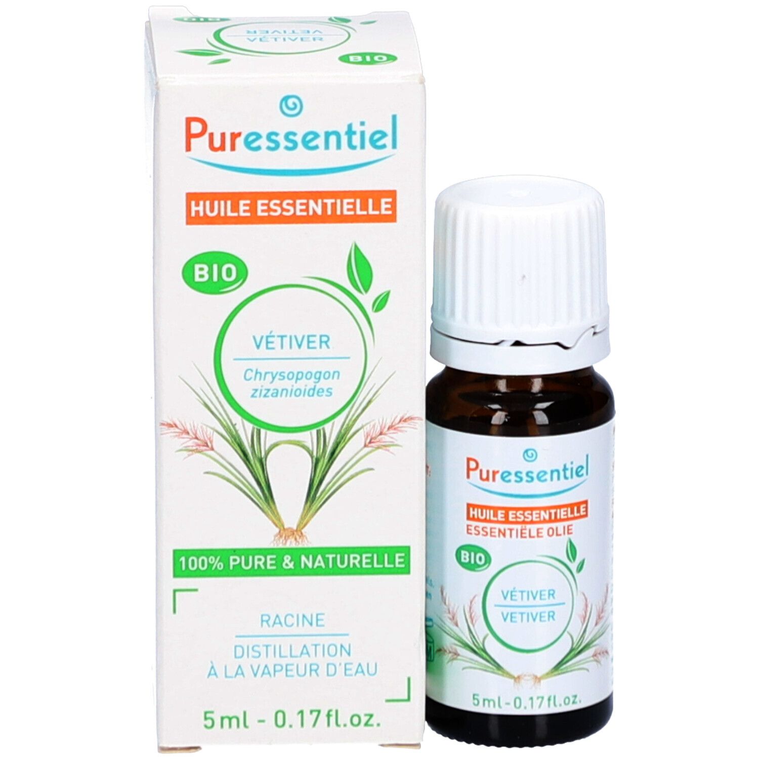 Flacon et boîte. Boîte avec Puressentiel, huile essentielle, certification Bio et texte Vétiver.