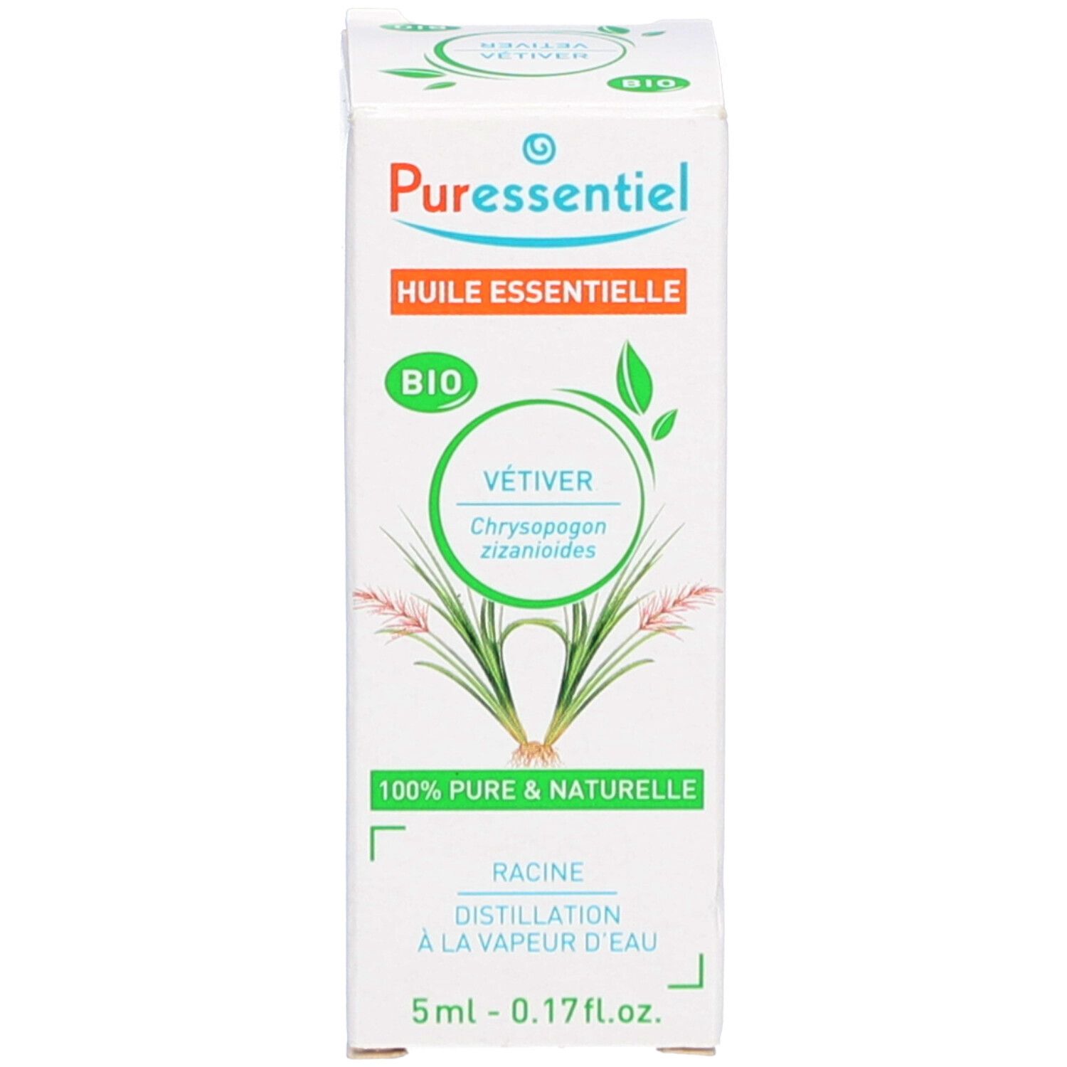 Emballage du produit. Boîte avec Puressentiel, huile essentielle, certification Bio et texte Vétiver.