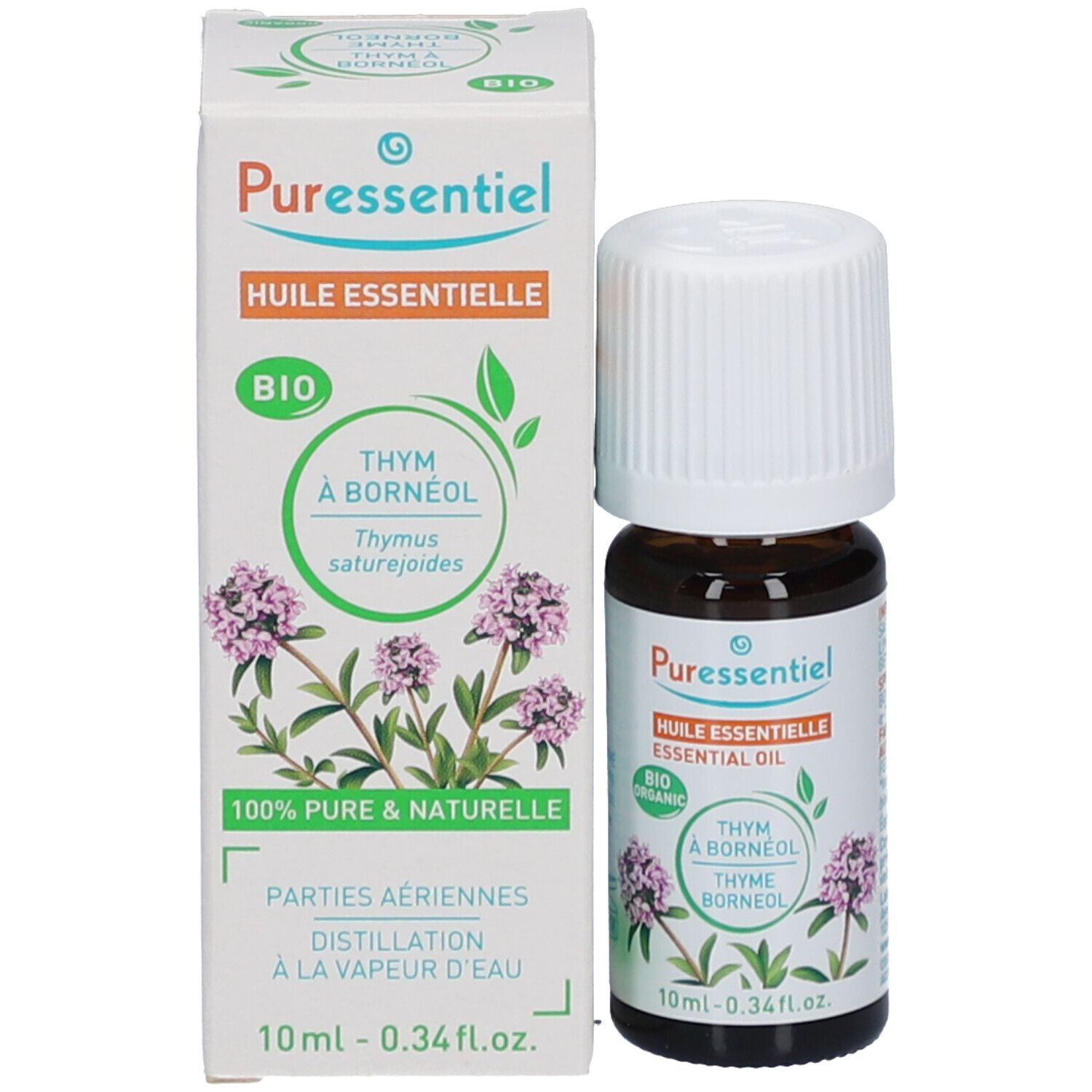 Flacon et emballage du produit. Flacon avec bouchon blanc. Emballage avec logo et informations. Certification bio.