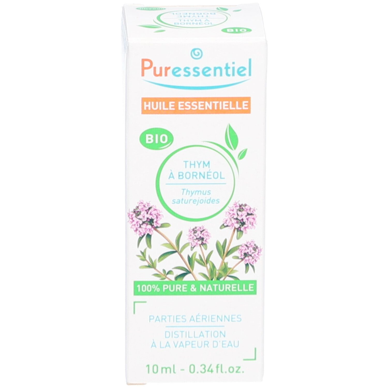 Emballage du produit. Logo et informations. Certification bio. Huile de thym. 100% pure et naturelle.